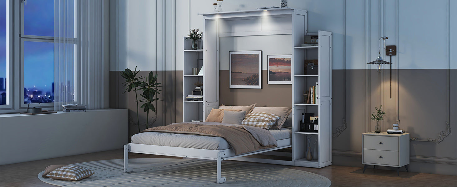 Full Size Murphy Bed Wall Bed With Shelves And Led Lights,White White Solid Wood Mdf