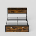 Queen Size Bed Frame With Storage Headboard And 2 Drawers, Led Lights Bed With Charging Station, Metal Platform Bed No Noise, Mattress Foundation Strong Metal Slats Support No Box Spring Needed Box Spring Not Required Queen Antique Brown Iron Brown