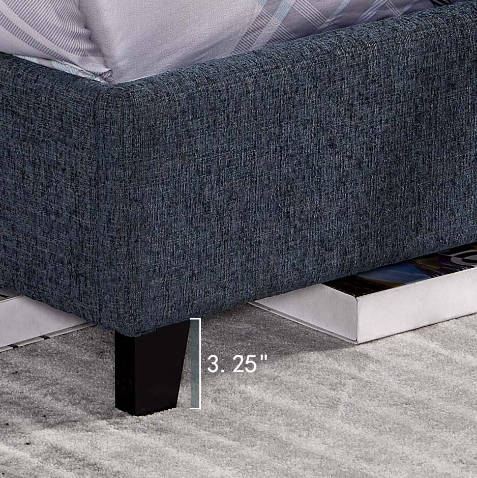 King Size Navy Blue Denim Squares Upholstered Platform Bed Box Spring Required King Blue Wood Bedroom Contemporary,Modern,Transitional Panel Polyester Fabric