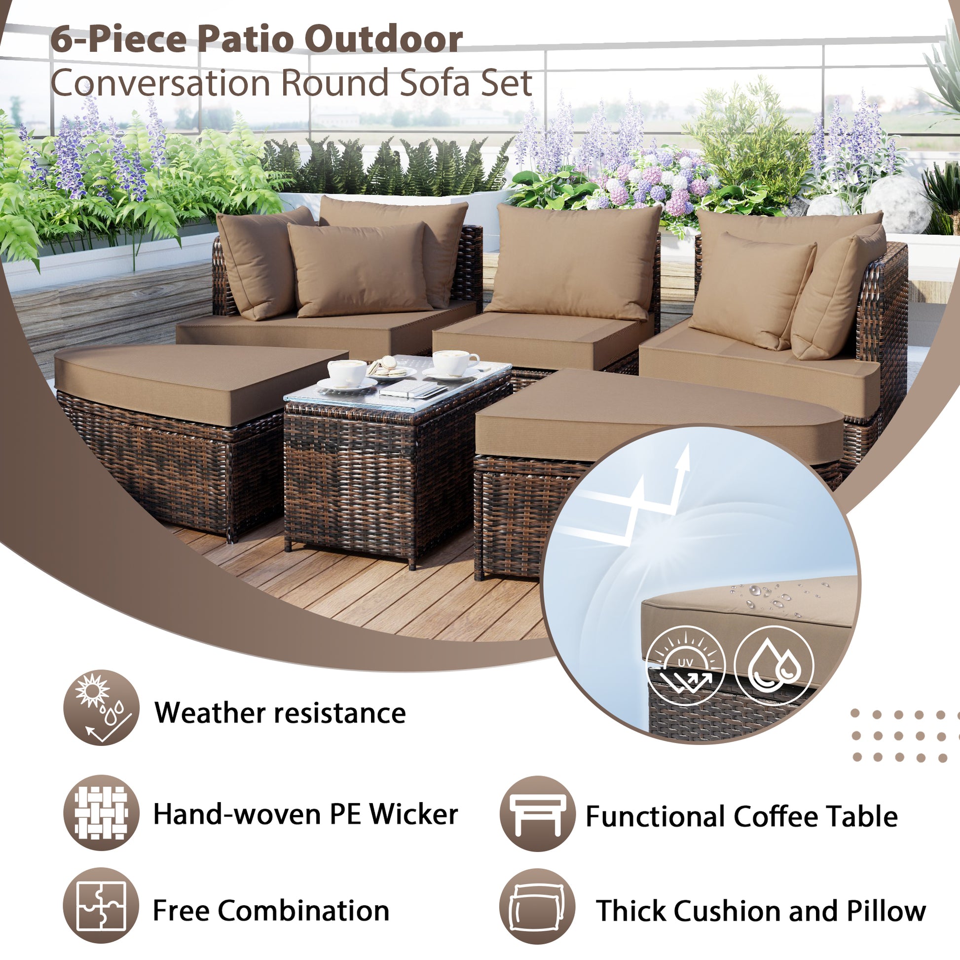 6 Piece Patio Outdoor Conversation Round Sofa Set, Pe Wicker Rattan Separate Seating Group With Coffee Table, Brown Yes Deep Seating Brown Weather Resistant Frame Water Resistant Cushion Garden & Outdoor Sofa Seating Groups Foam Rattan