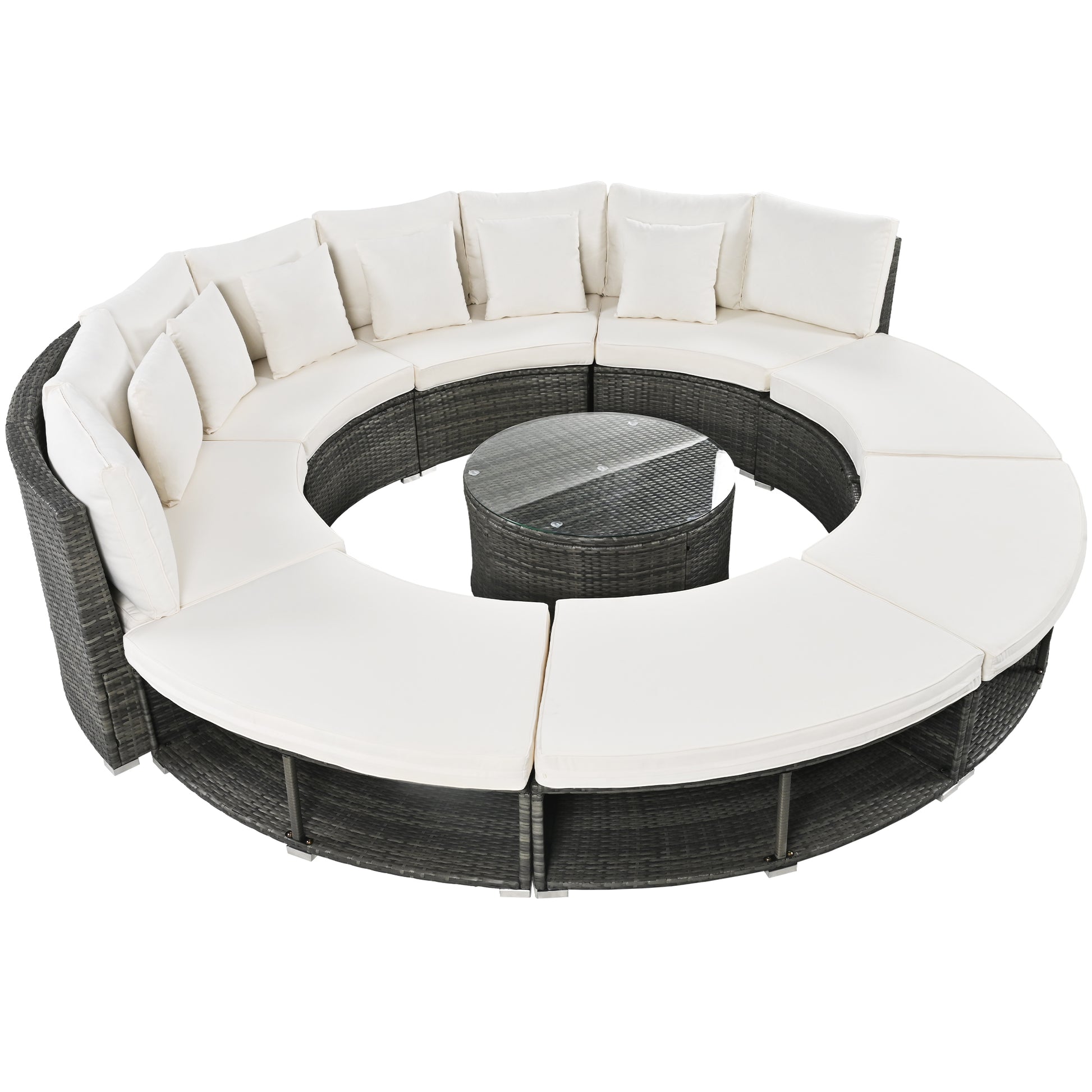 Outdoor Patio Furniture Luxury Circular Outdoor Sofa Set Rattan Wicker Sectional Sofa Lounge Set With Tempered Glass Coffee Table, 6 Pillows,Beige Yes Beige Water Resistant Frame Water Resistant Cushion Garden & Outdoor Sectional Seating Groups Foam