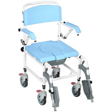 Accessibility Commode Wheelchair, Rolling Shower Wheelchair With 4 Castor Wheels, Rectangle Detachable Bucket, & Waterproof Design, 17" Seat Width, Blue Blue Pu Leather
