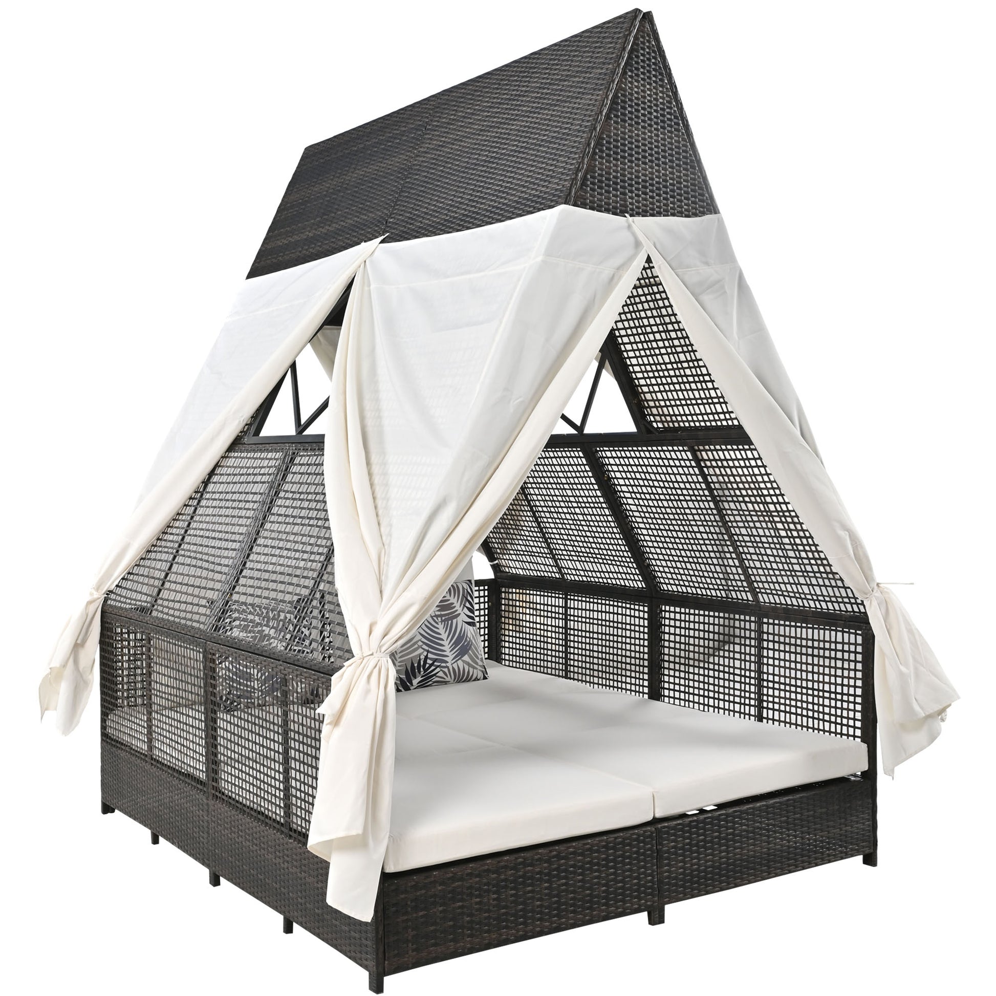 Outdoor Daybed Patio Lounge Bed With Adjustable Backrest Outdoor Double Sun Lounger With Curtains, 4 Pillows For Garden Patio Poolside Balcony Beach, Cream Yes Cream Water Resistant Frame Water Resistant Cushion Garden & Outdoor Sectional Seating Groups