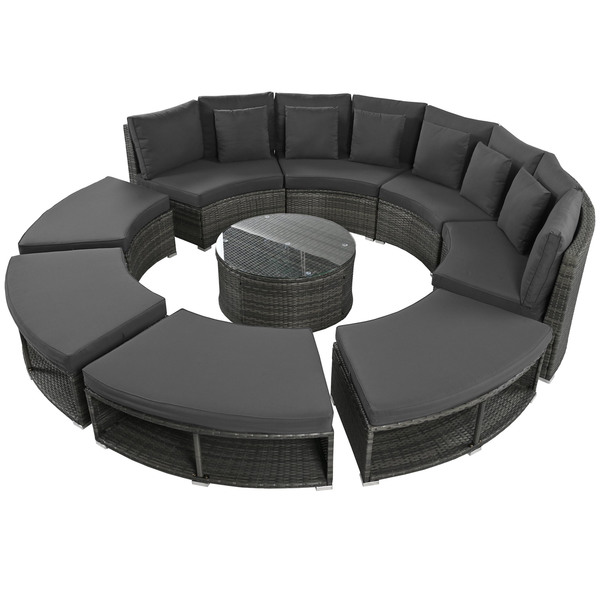 Outdoor Patio Furniture Luxury Circular Outdoor Sofa Set Rattan Wicker Sectional Sofa Lounge Set With Tempered Glass Coffee Table, 6 Pillows, Grey Yes Grey Water Resistant Frame Water Resistant Cushion Garden & Outdoor Sectional Seating Groups Foam