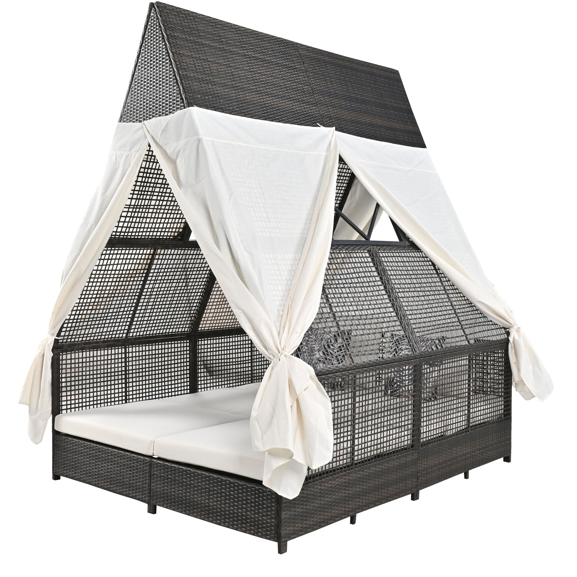 Outdoor Daybed Patio Lounge Bed With Adjustable Backrest Outdoor Double Sun Lounger With Curtains, 4 Pillows For Garden Patio Poolside Balcony Beach, Cream Yes Cream Water Resistant Frame Water Resistant Cushion Garden & Outdoor Sectional Seating Groups