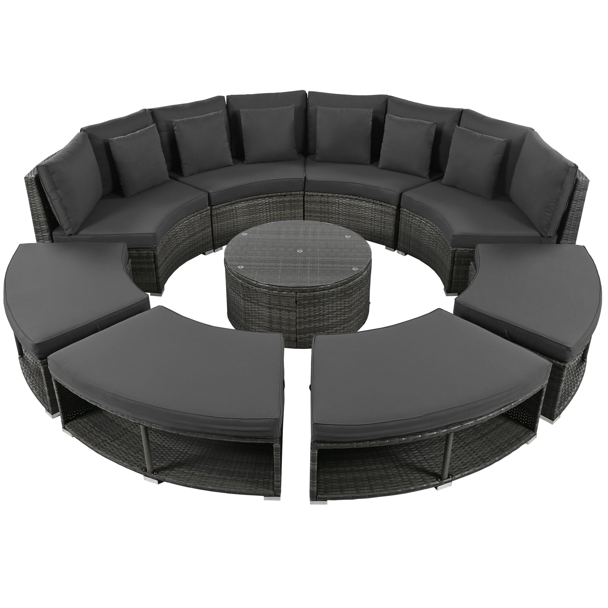 Outdoor Patio Furniture Luxury Circular Outdoor Sofa Set Rattan Wicker Sectional Sofa Lounge Set With Tempered Glass Coffee Table, 6 Pillows, Grey Yes Grey Water Resistant Frame Water Resistant Cushion Garden & Outdoor Sectional Seating Groups Foam