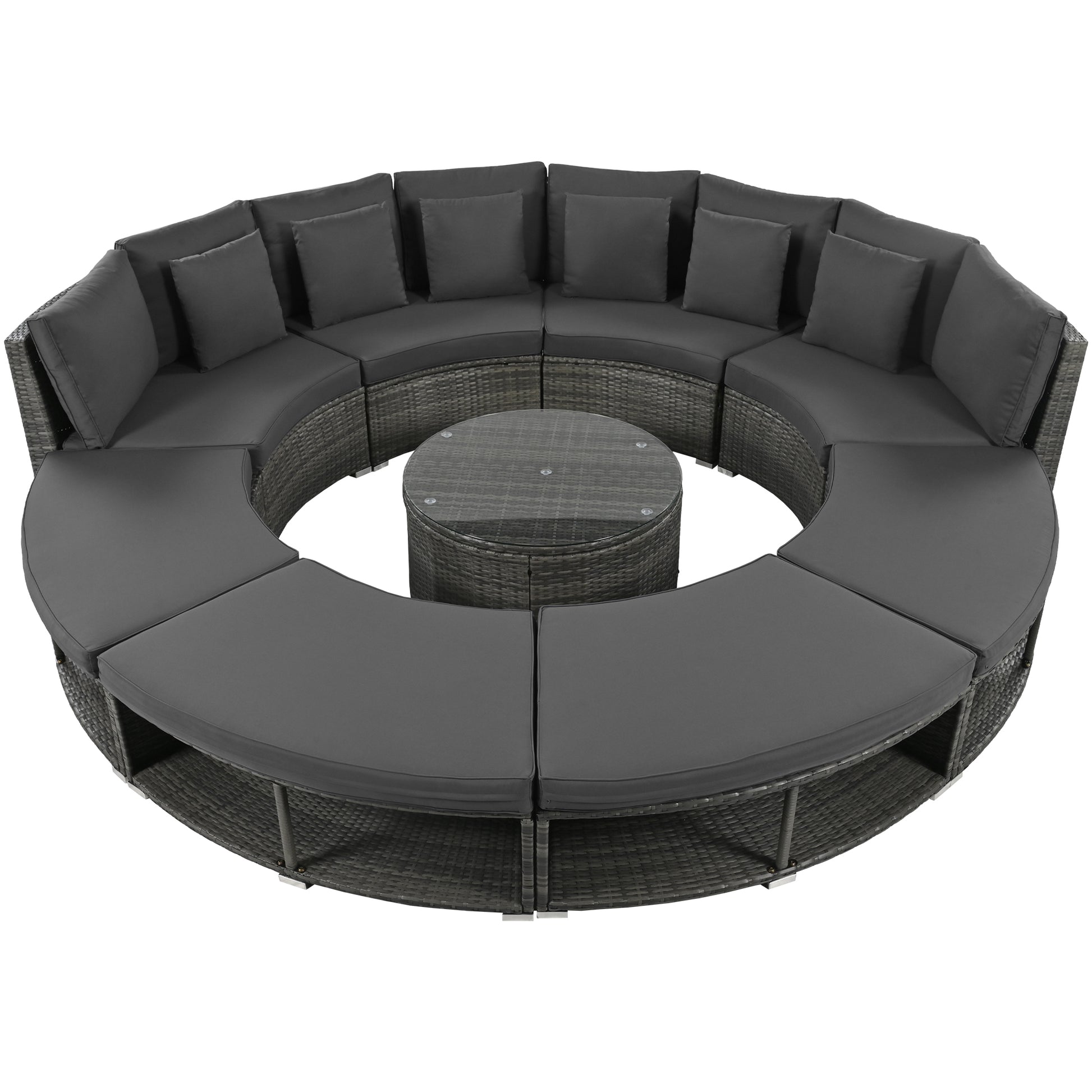 Outdoor Patio Furniture Luxury Circular Outdoor Sofa Set Rattan Wicker Sectional Sofa Lounge Set With Tempered Glass Coffee Table, 6 Pillows, Grey Yes Grey Water Resistant Frame Water Resistant Cushion Garden & Outdoor Sectional Seating Groups Foam