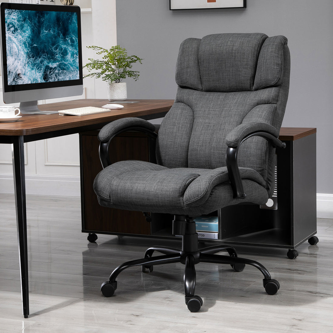 500Lbs Big And Tall Office Chair With Wide Seat, Ergonomic Executive Computer Chair With Adjustable Height, Swivel Wheels And Linen Finish, Dark Grey Grey Polyester