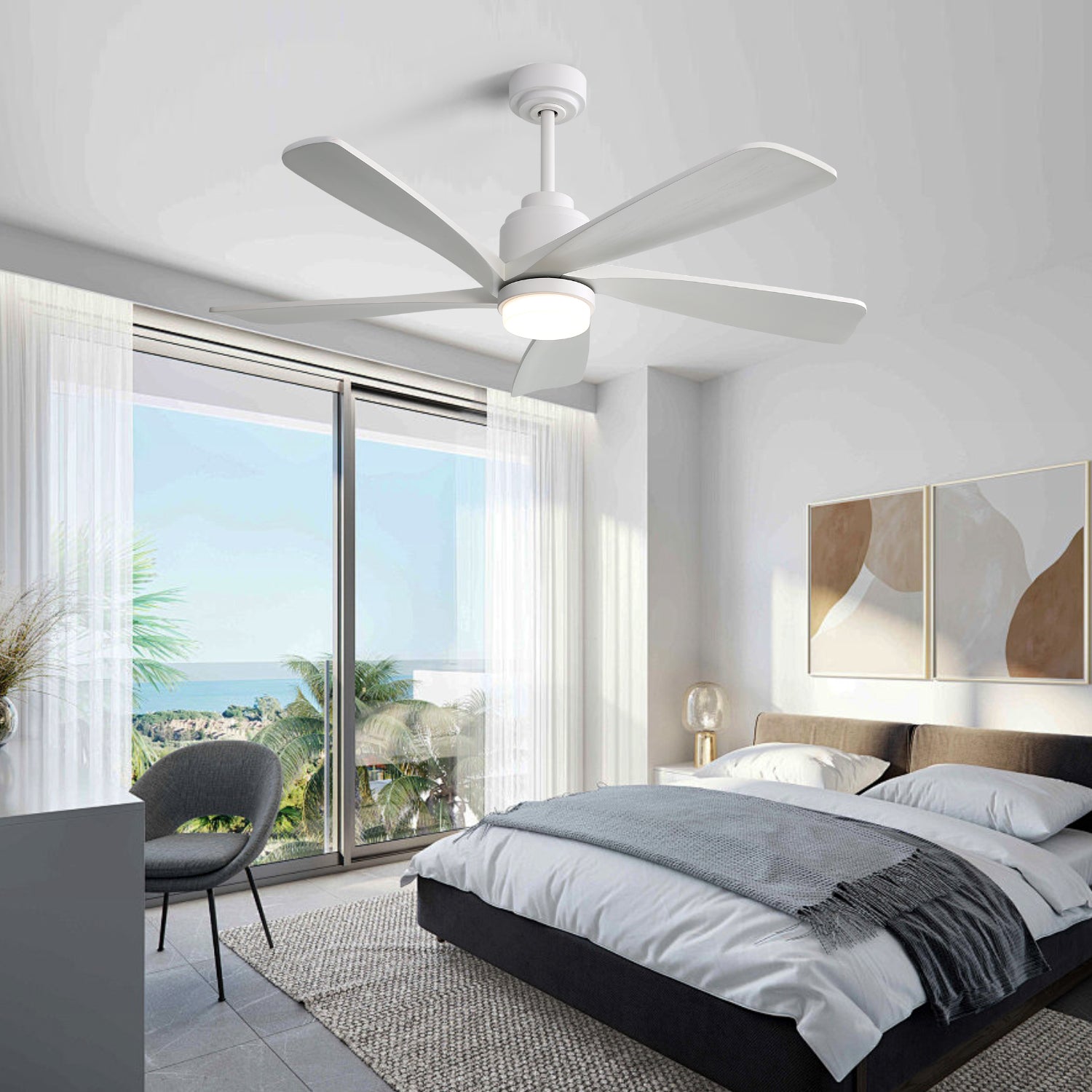 52 Inch Modern With Dimmable Led Light 5 Solid Wood Blades Remote Control Reversible Dc Motor With Smart App Control White Metal & Wood