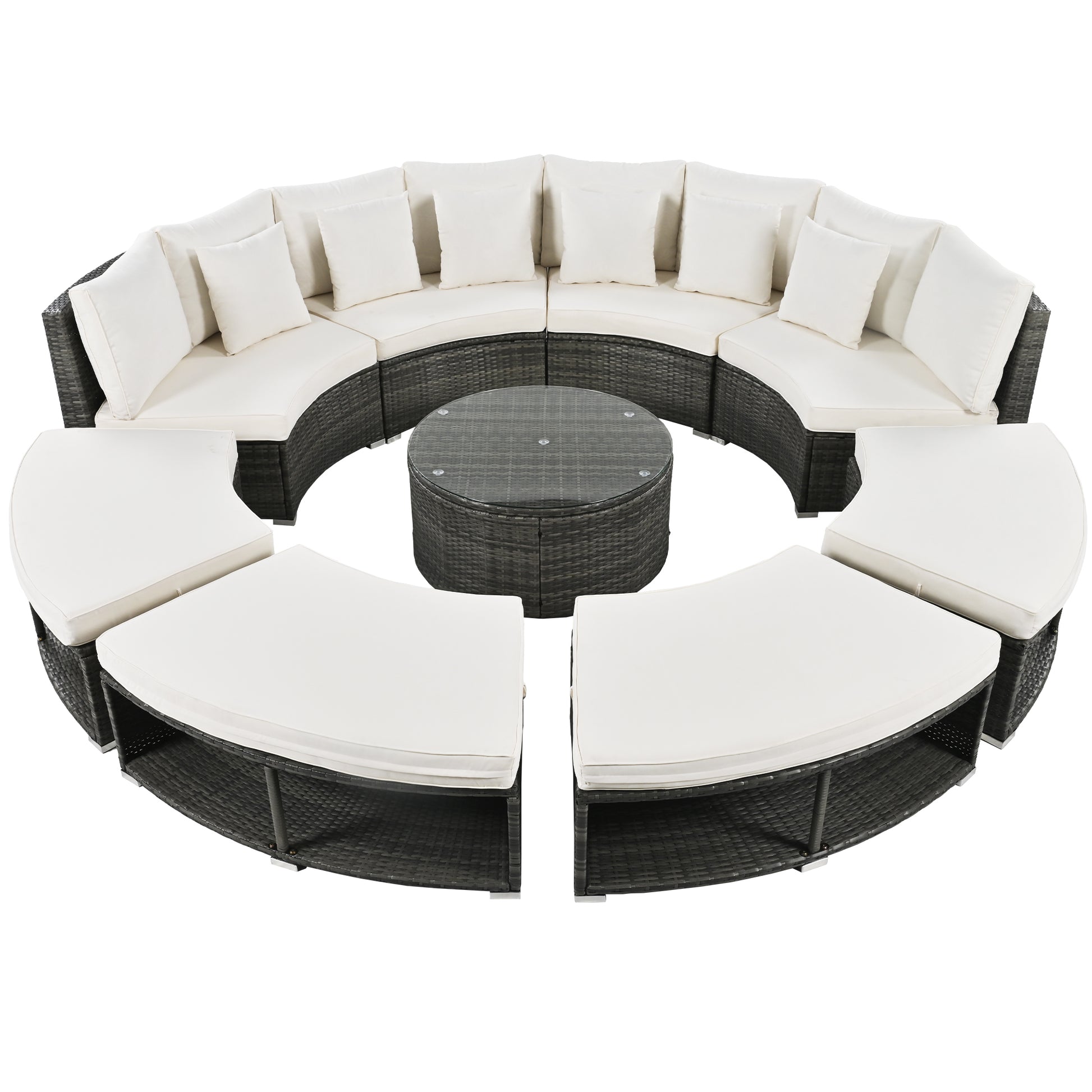 Outdoor Patio Furniture Luxury Circular Outdoor Sofa Set Rattan Wicker Sectional Sofa Lounge Set With Tempered Glass Coffee Table, 6 Pillows,Beige Yes Beige Water Resistant Frame Water Resistant Cushion Garden & Outdoor Sectional Seating Groups Foam