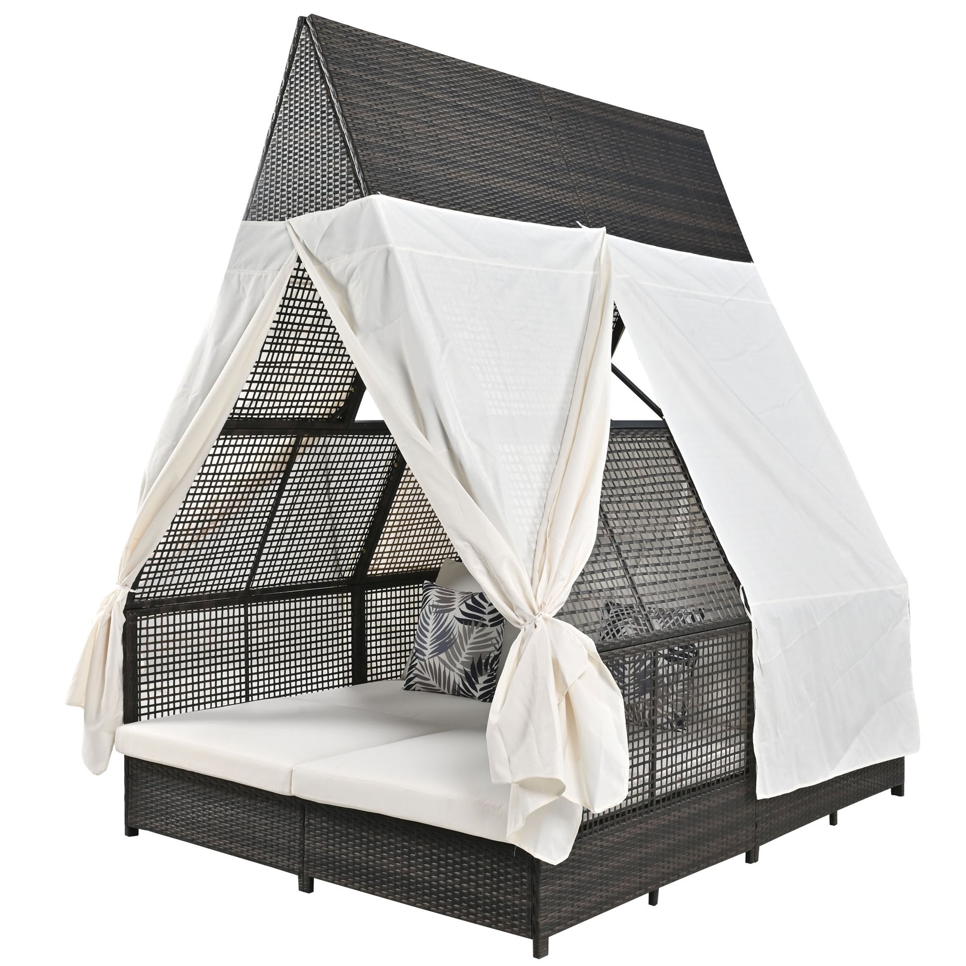 Outdoor Daybed Patio Lounge Bed With Adjustable Backrest Outdoor Double Sun Lounger With Curtains, 4 Pillows For Garden Patio Poolside Balcony Beach, Cream Yes Cream Water Resistant Frame Water Resistant Cushion Garden & Outdoor Sectional Seating Groups