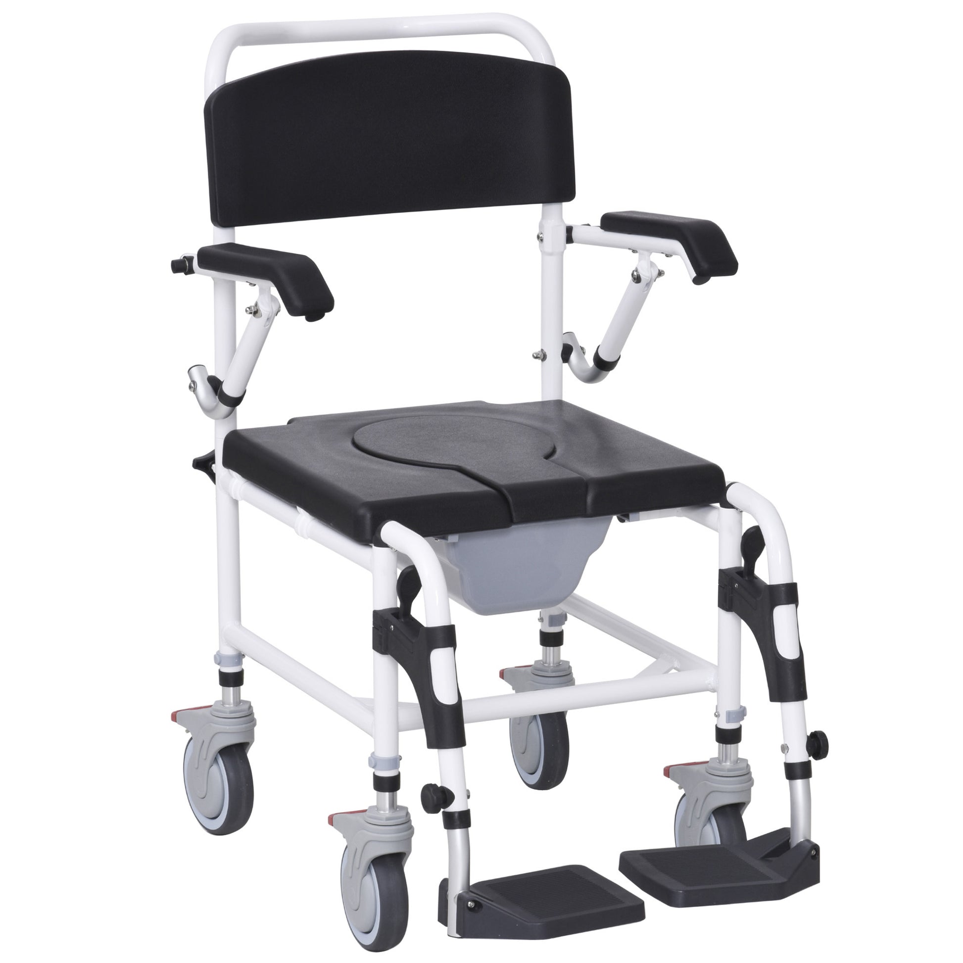 Accessibility Commode Wheelchair, Rolling Shower Wheelchair With 4 Castor Wheels, Rectangle Detachable Bucket, & Waterproof Design, 17" Seat Width, Black Black Pu Leather