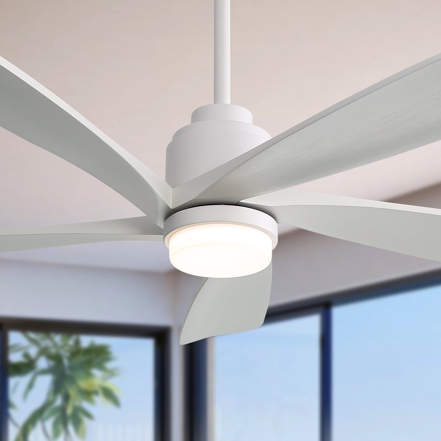 52 Inch Modern With Dimmable Led Light 5 Solid Wood Blades Remote Control Reversible Dc Motor With Smart App Control White Metal & Wood