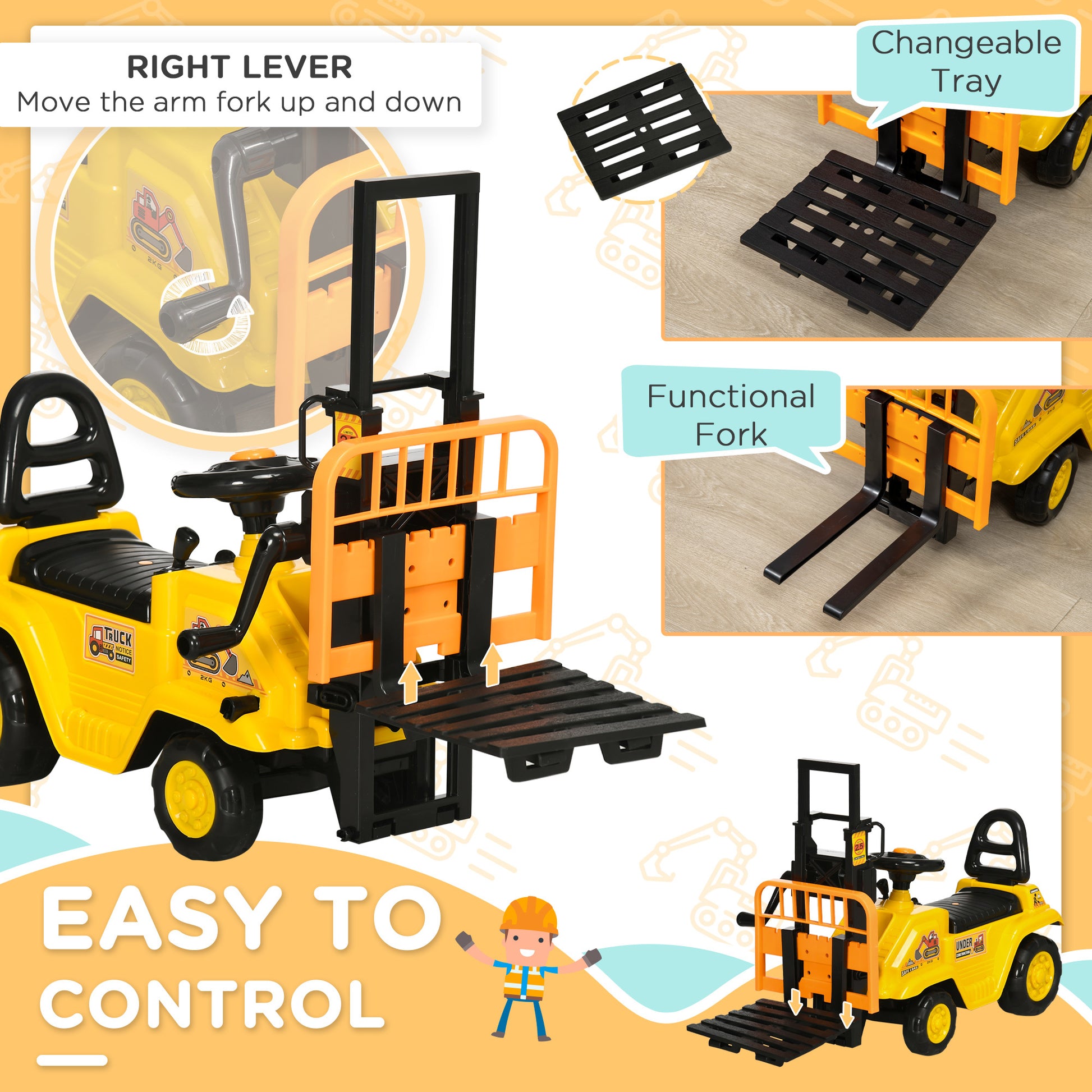 Sit And Scoot Ride On Toy With Forklift Operation, Construction Toys For Kids With Under Seat Storage, Forklift Toy For 3 Year Old Boys & Girls, Imagination Toys Yellow Abs