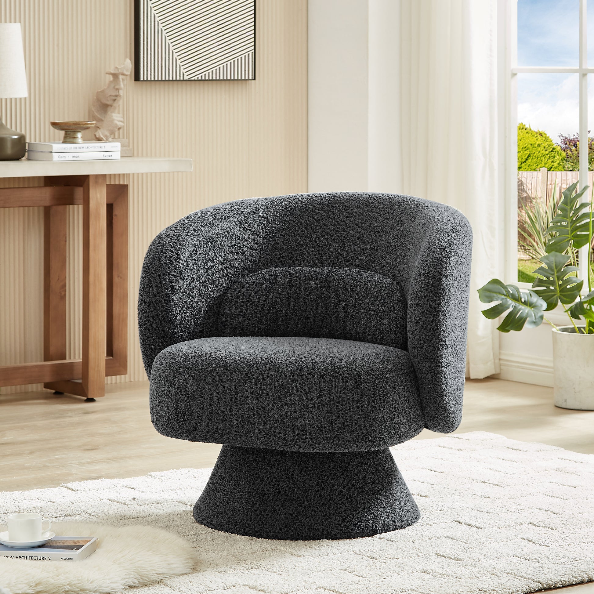 360 Degree Swivel Sherpa Accent Chair Modern Style Barrel Chair With Toss Pillows For Home Office, Living Room, Bedroom, Dark Grey Dark Gray Foam Fabric
