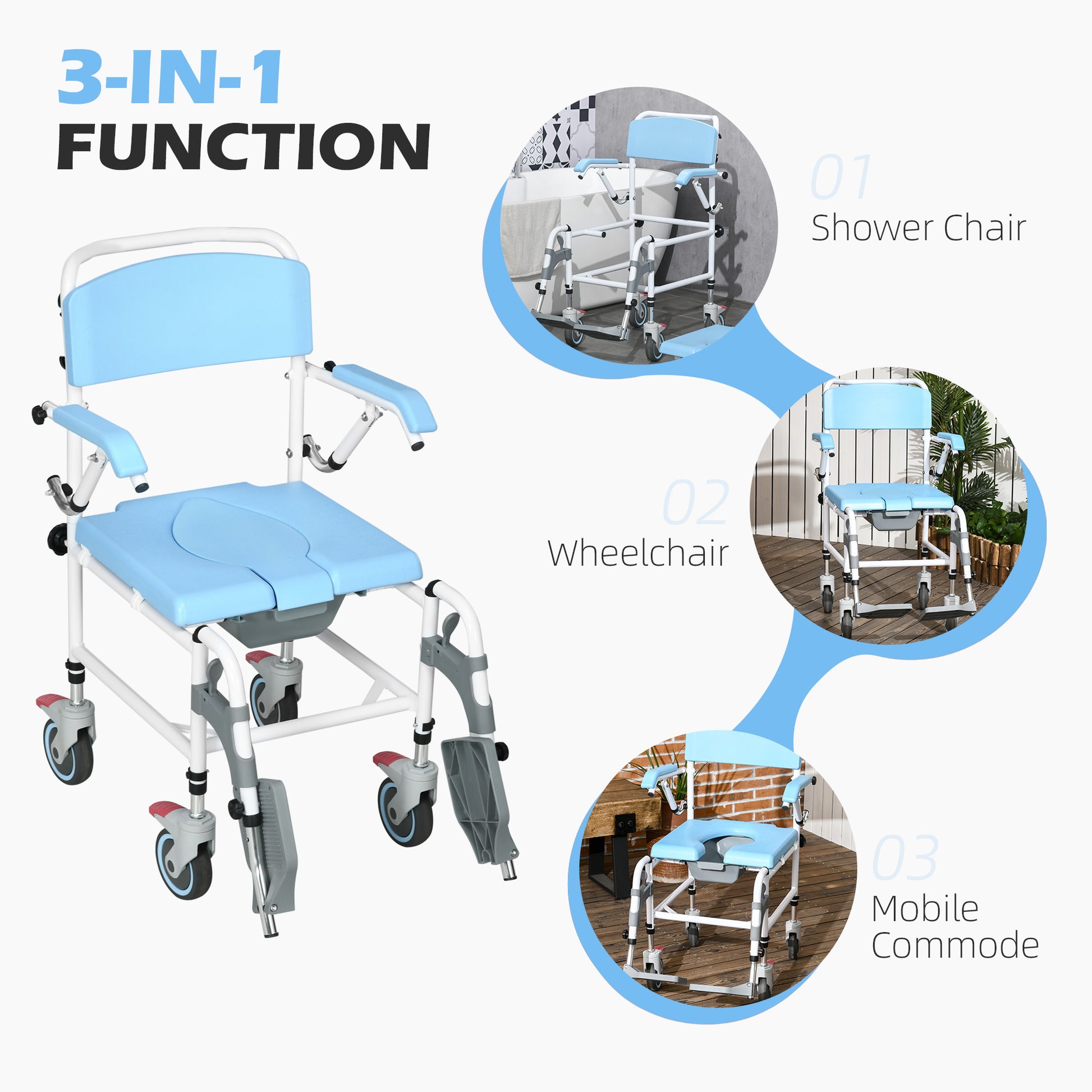 Accessibility Commode Wheelchair, Rolling Shower Wheelchair With 4 Castor Wheels, Rectangle Detachable Bucket, & Waterproof Design, 17" Seat Width, Blue Blue Pu Leather