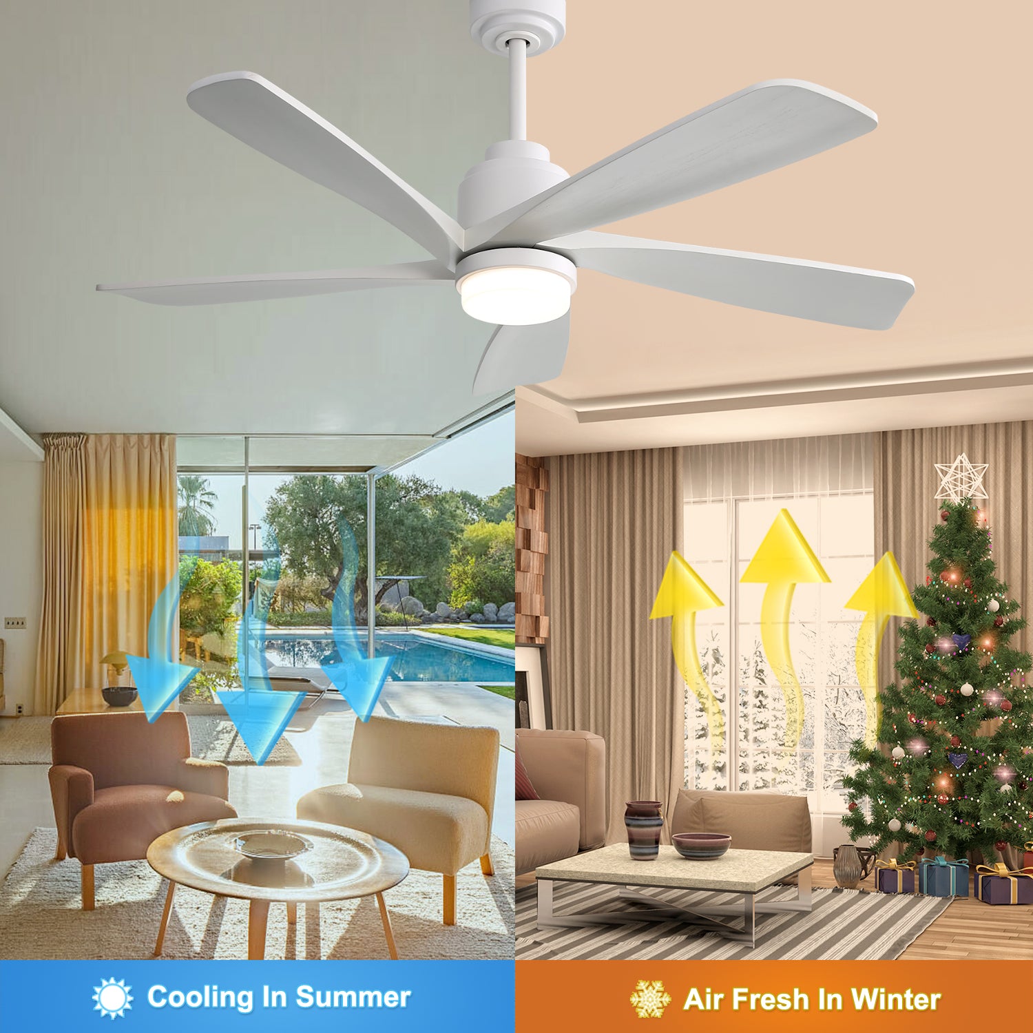 52 Inch Modern With Dimmable Led Light 5 Solid Wood Blades Remote Control Reversible Dc Motor With Smart App Control White Metal & Wood