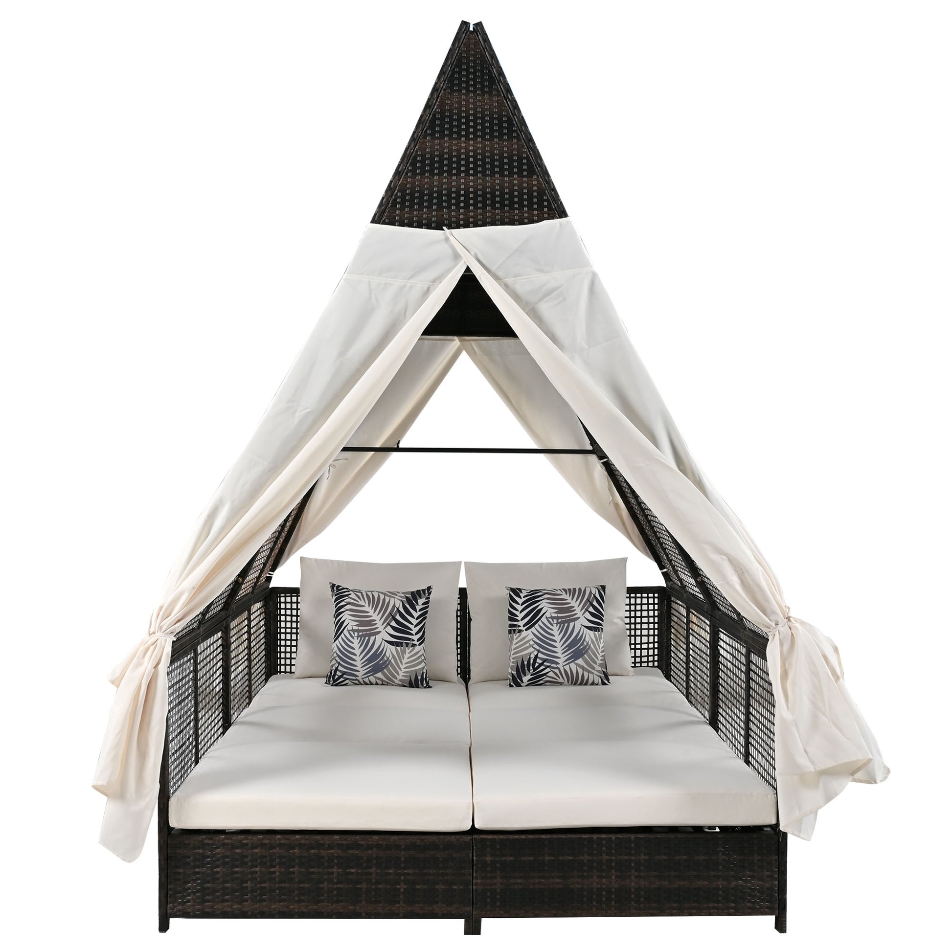 Outdoor Daybed Patio Lounge Bed With Adjustable Backrest Outdoor Double Sun Lounger With Curtains, 4 Pillows For Garden Patio Poolside Balcony Beach, Cream Yes Cream Water Resistant Frame Water Resistant Cushion Garden & Outdoor Sectional Seating Groups