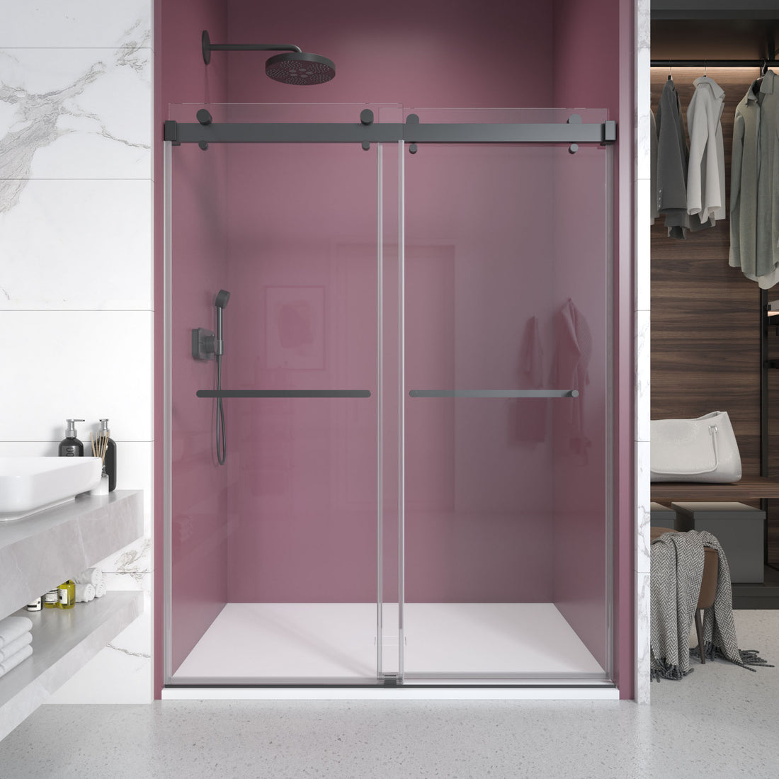 72'' 76'' W X 76'' H Double Sliding Frameless Shower Door With 3 8 Inch 10Mm Clear Glass In Matte Black Matte Black Stainless Steel