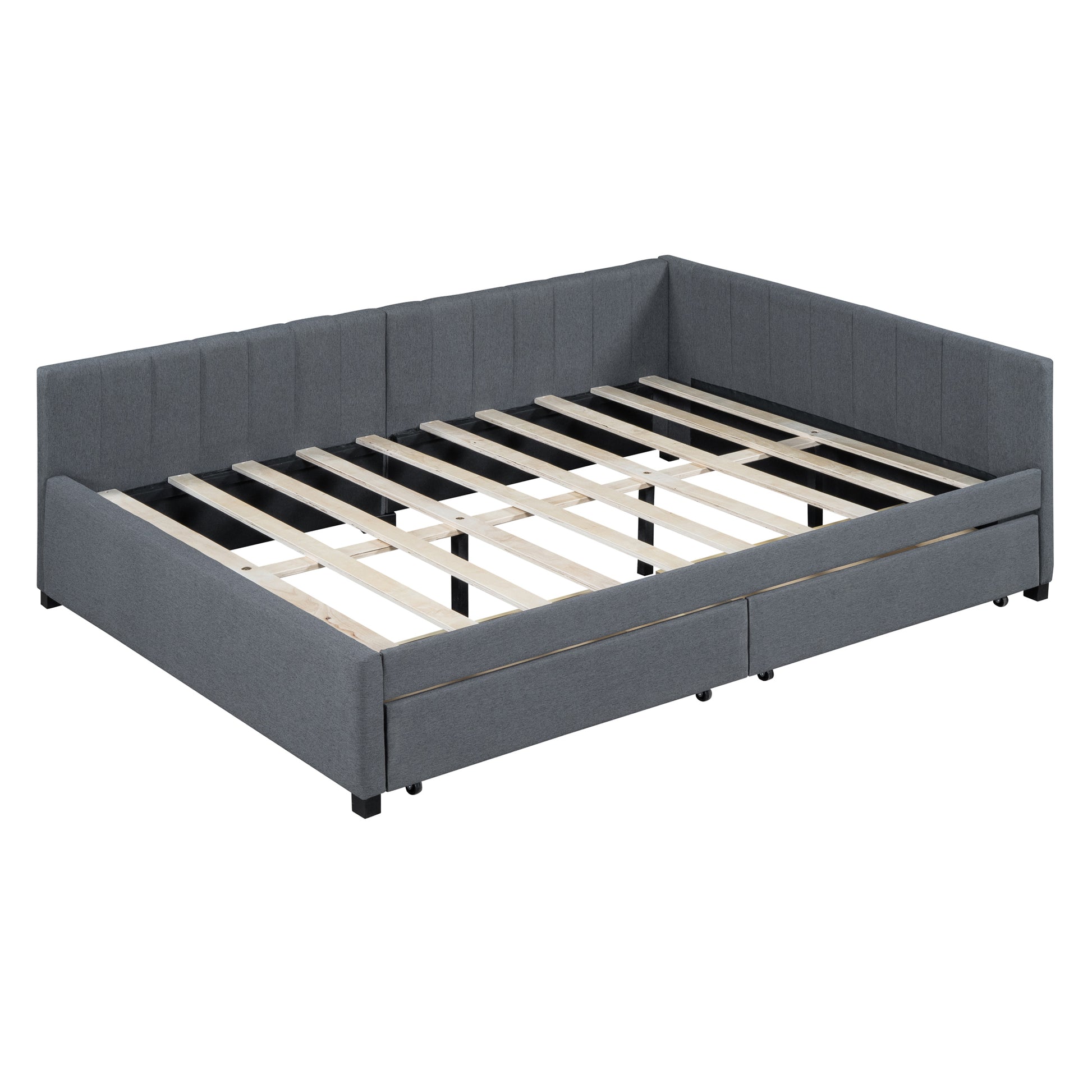 Full Size Upholstered Daybed With 2 Storage Drawers Sofa Bed Frame No Box Spring Needed, Linen Fabric Gray Gray Linen