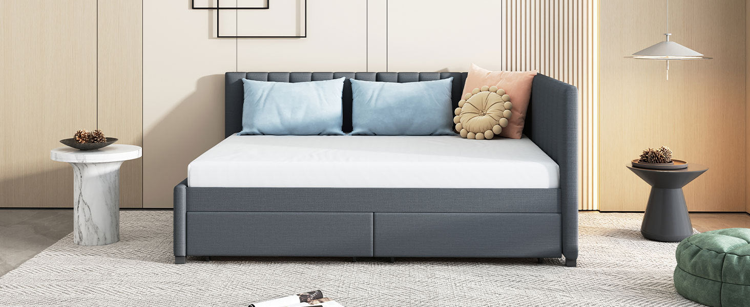 Full Size Upholstered Daybed With 2 Storage Drawers Sofa Bed Frame No Box Spring Needed, Linen Fabric Gray Gray Linen