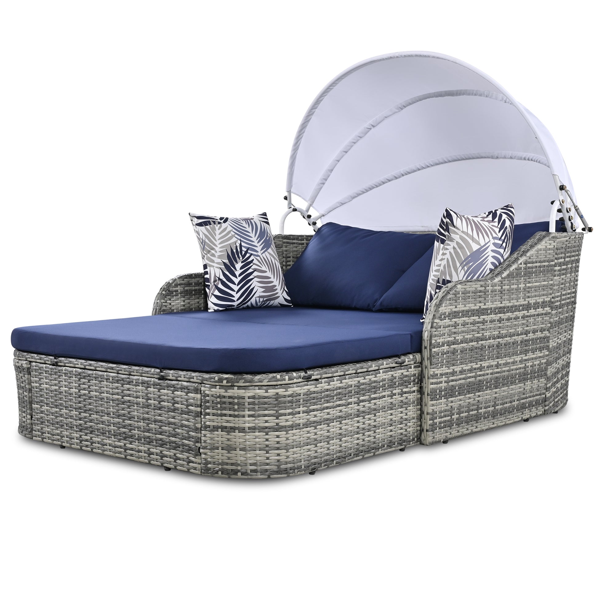 79.9" Outdoor Sunbed With Adjustable Canopy, Daybed With Pillows, Double Lounge, Pe Rattan Daybed, Gray Wicker And Blue Cushion Yes Blue Grey Garden & Outdoor Wicker