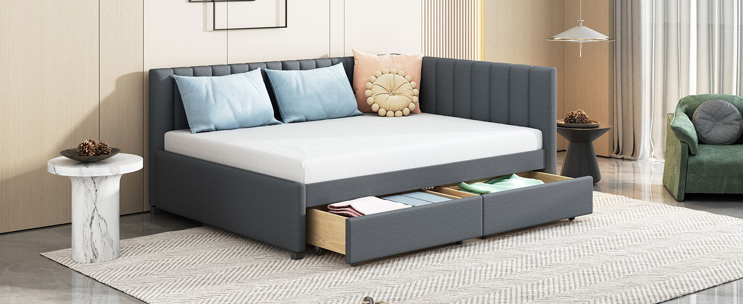 Full Size Upholstered Daybed With 2 Storage Drawers Sofa Bed Frame No Box Spring Needed, Linen Fabric Gray Gray Linen