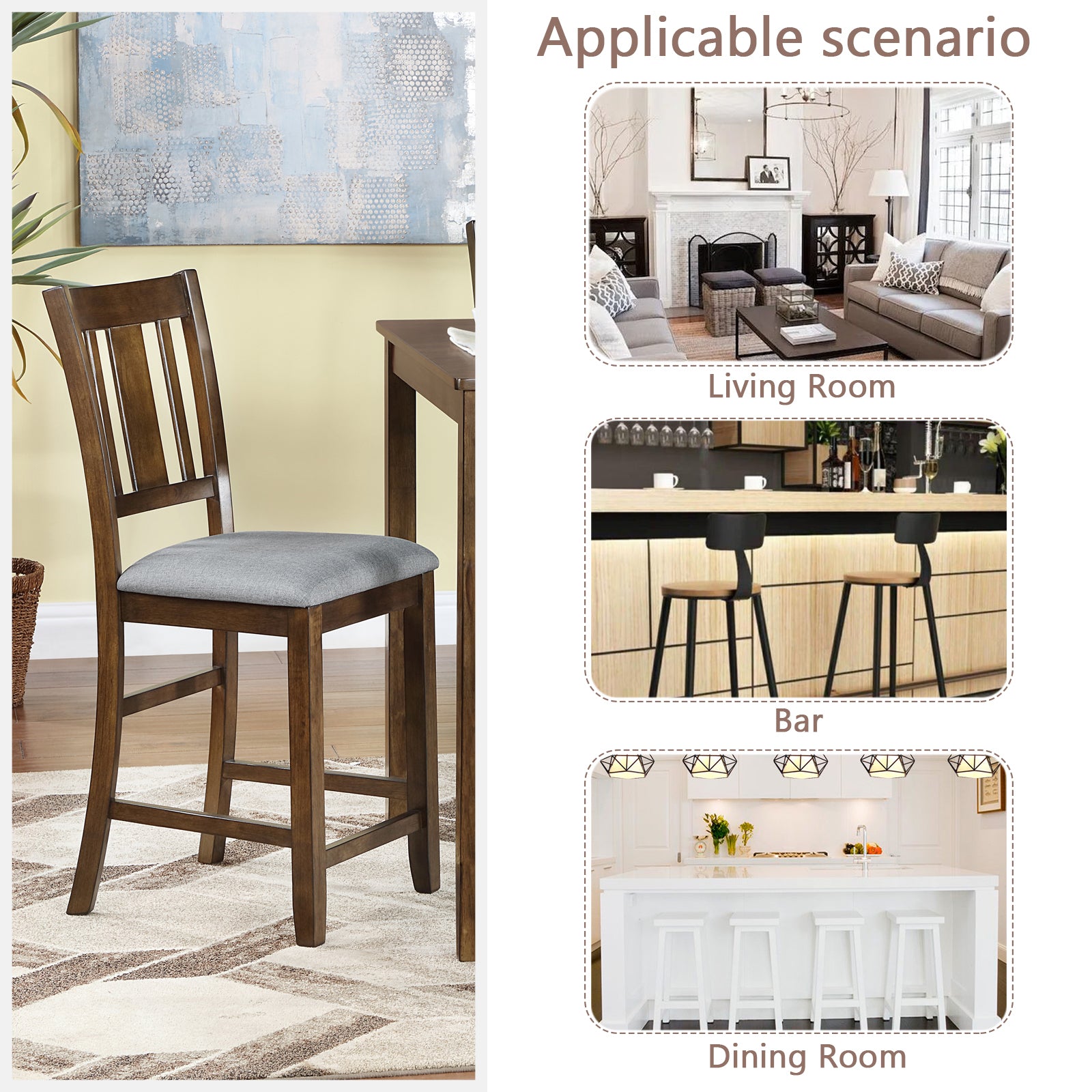 Dining Room Furniture Counter Height Chairs Set For 4, Kitchen Chair With Padded Seat, Walnut Wood Walnut Solid Back Seats 4 Dining Room Rubberwood Rubber Wood