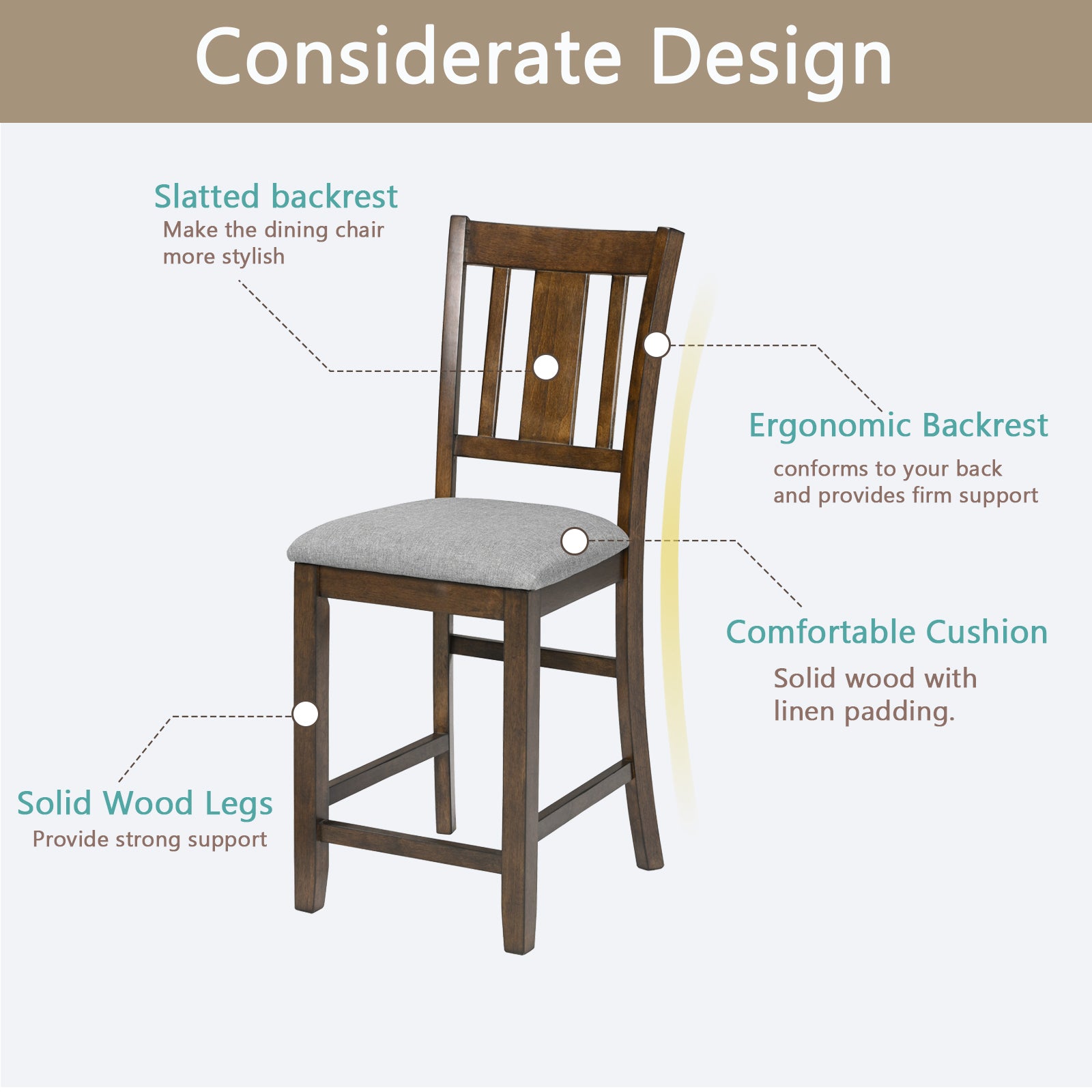 Dining Room Furniture Counter Height Chairs Set For 4, Kitchen Chair With Padded Seat, Walnut Wood Walnut Solid Back Seats 4 Dining Room Rubberwood Rubber Wood