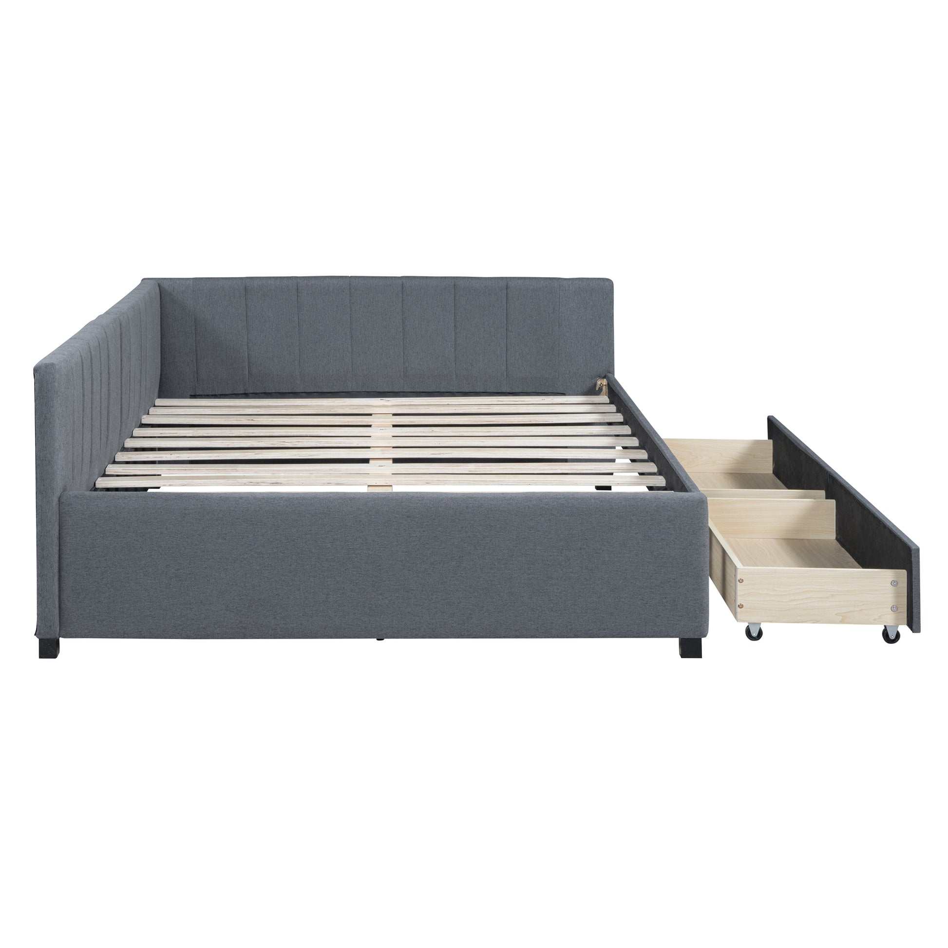Full Size Upholstered Daybed With 2 Storage Drawers Sofa Bed Frame No Box Spring Needed, Linen Fabric Gray Gray Linen