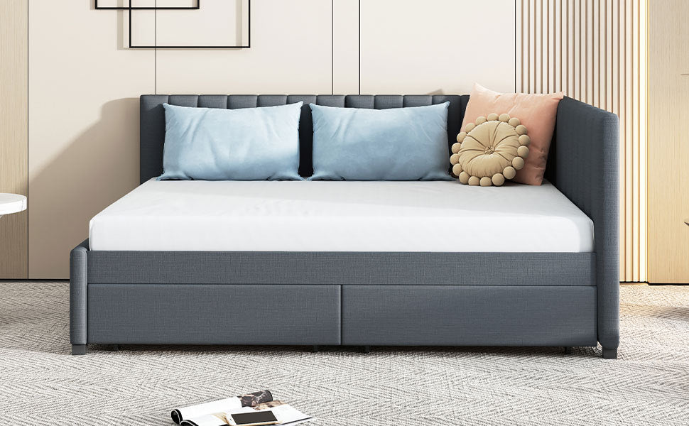 Full Size Upholstered Daybed With 2 Storage Drawers Sofa Bed Frame No Box Spring Needed, Linen Fabric Gray Gray Linen