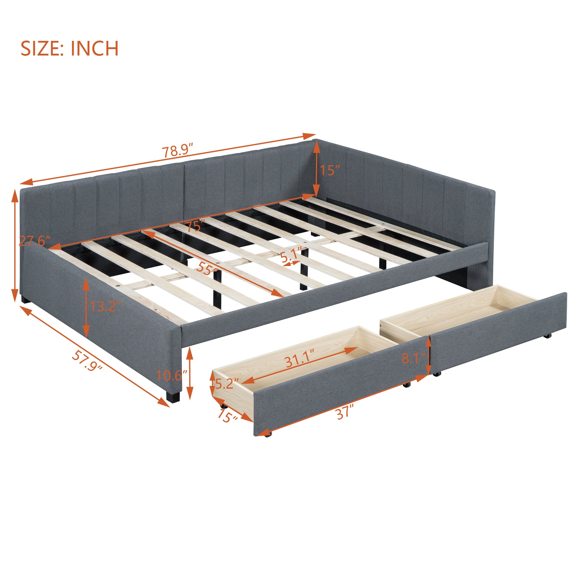 Full Size Upholstered Daybed With 2 Storage Drawers Sofa Bed Frame No Box Spring Needed, Linen Fabric Gray Gray Linen