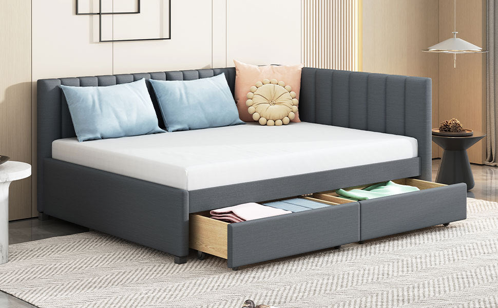 Full Size Upholstered Daybed With 2 Storage Drawers Sofa Bed Frame No Box Spring Needed, Linen Fabric Gray Gray Linen