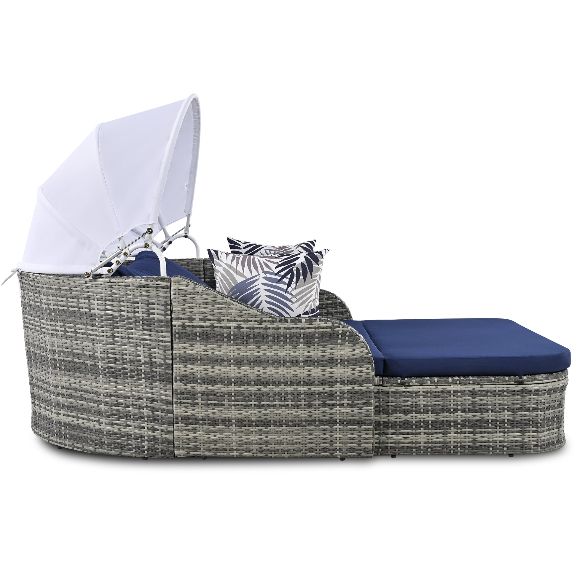 79.9" Outdoor Sunbed With Adjustable Canopy, Daybed With Pillows, Double Lounge, Pe Rattan Daybed, Gray Wicker And Blue Cushion Yes Blue Grey Garden & Outdoor Wicker