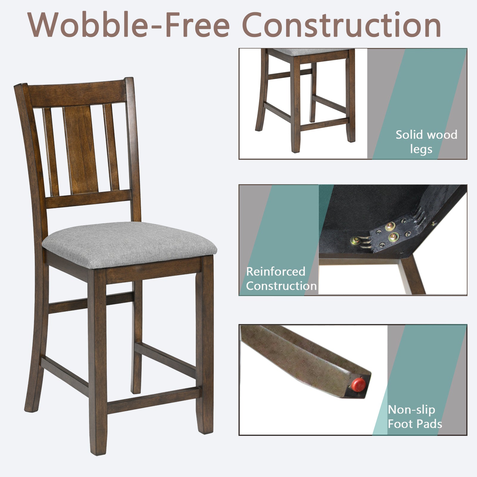 Dining Room Furniture Counter Height Chairs Set For 4, Kitchen Chair With Padded Seat, Walnut Wood Walnut Solid Back Seats 4 Dining Room Rubberwood Rubber Wood
