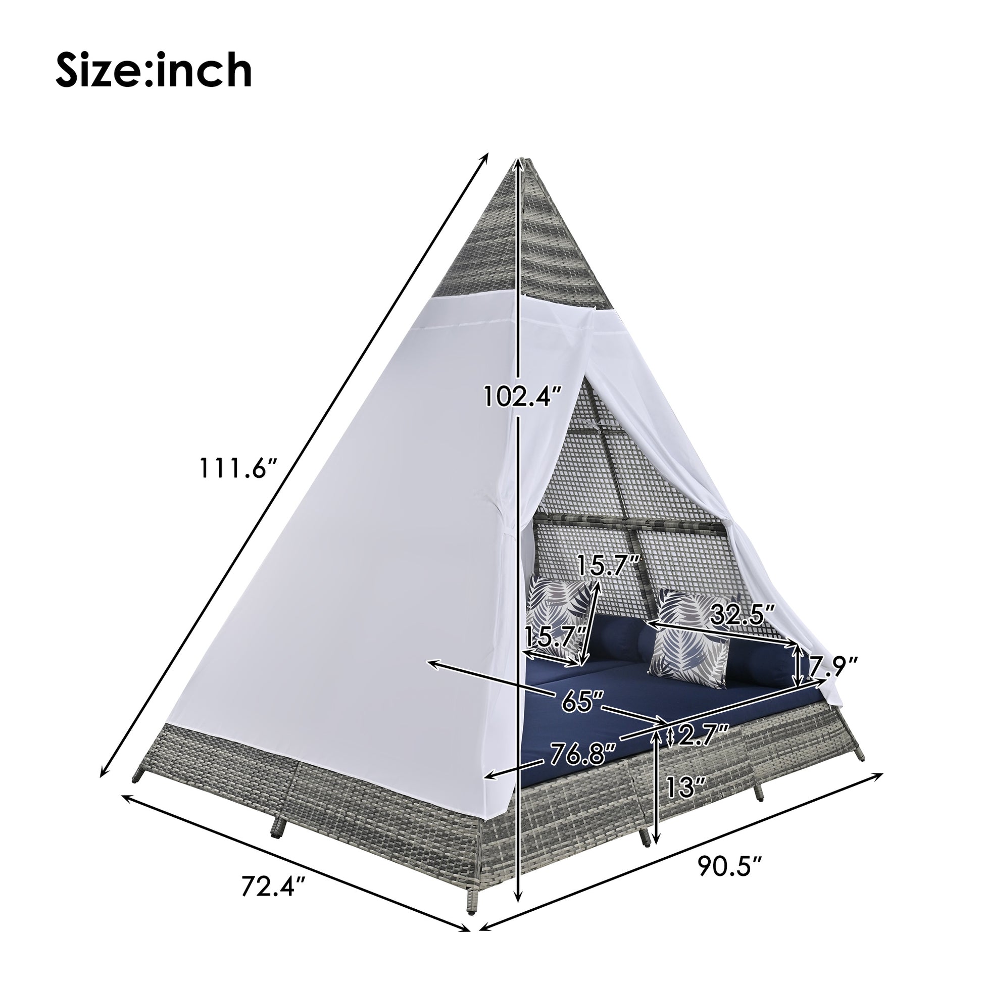 90.5" Length Outdoor Sunbed With Colorful Pillows, Wicker Patio Daybed With Cushions, Tent Shape, Gray And Blue Yes Blue Grey Wicker