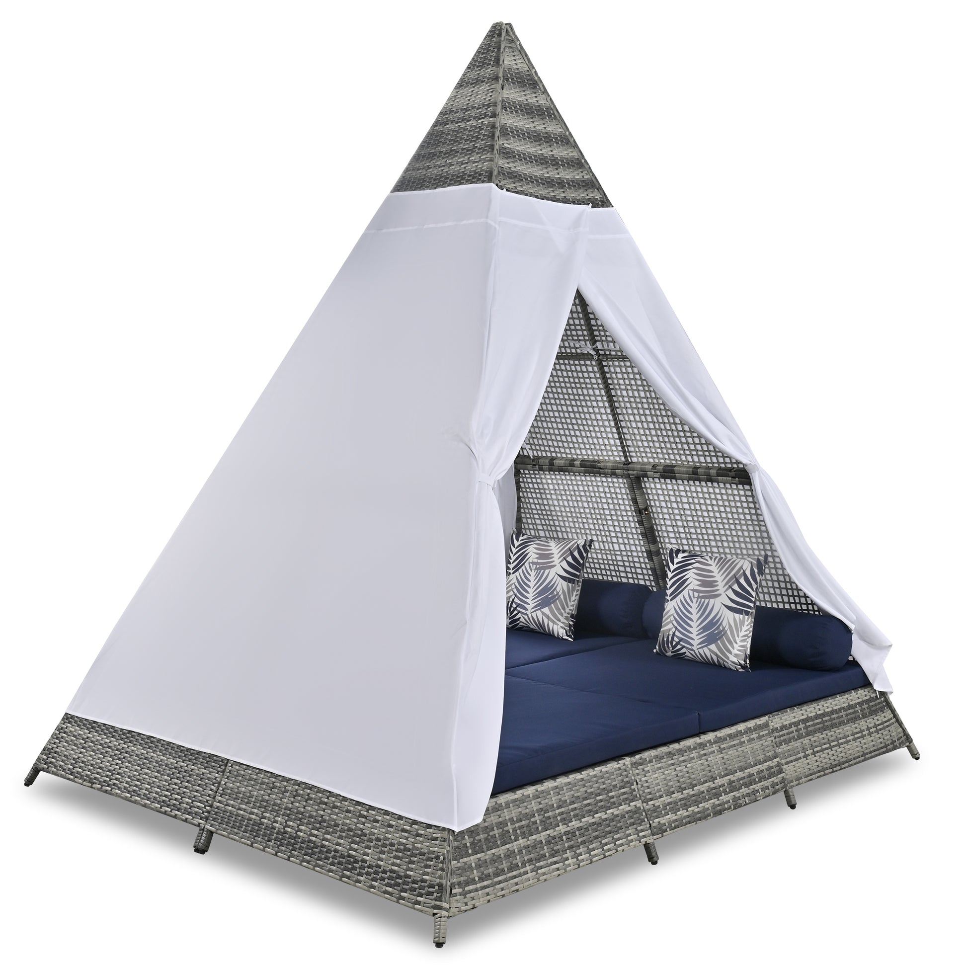 90.5" Length Outdoor Sunbed With Colorful Pillows, Wicker Patio Daybed With Cushions, Tent Shape, Gray And Blue Yes Blue Grey Wicker