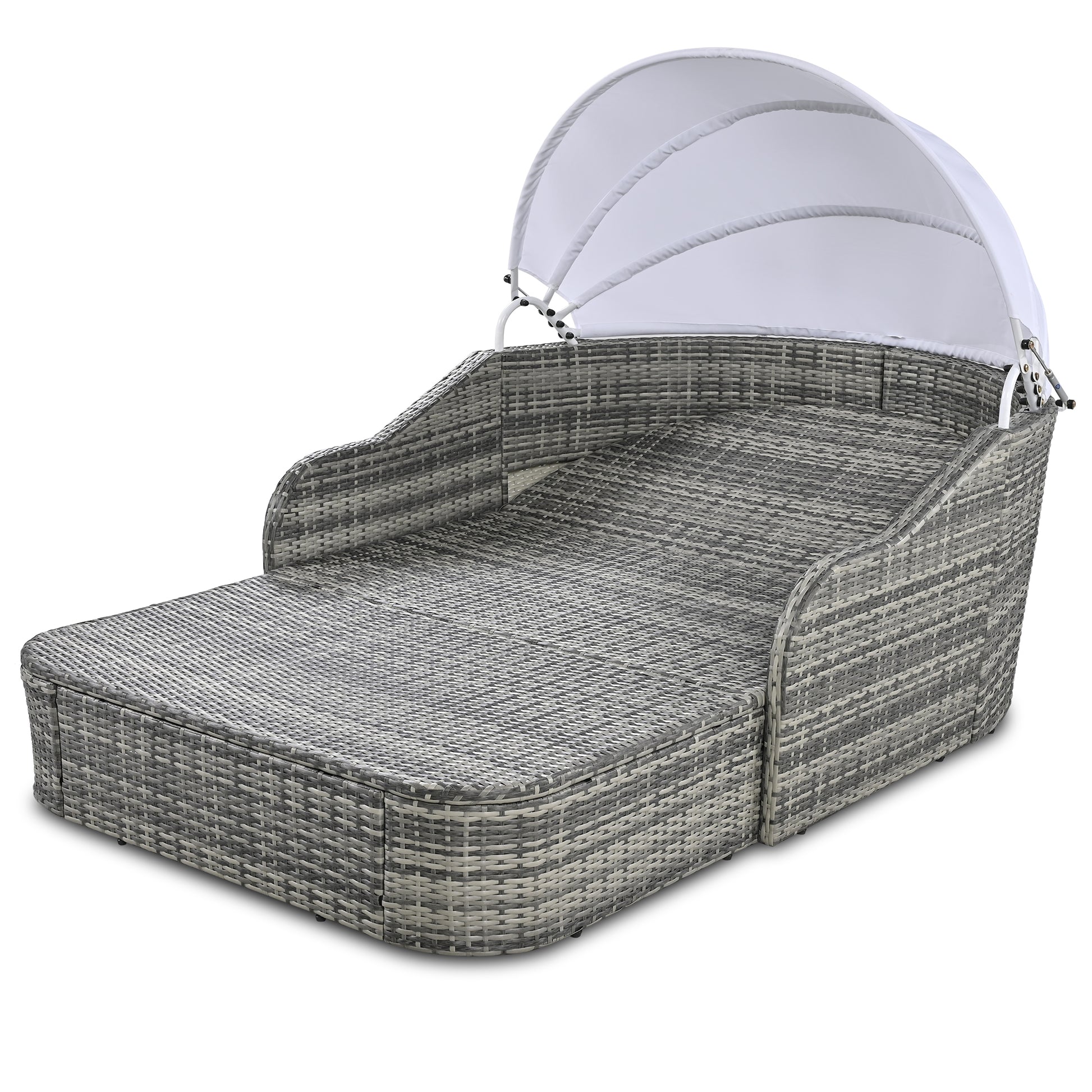 79.9" Outdoor Sunbed With Adjustable Canopy, Daybed With Pillows, Double Lounge, Pe Rattan Daybed, Gray Wicker And Blue Cushion Yes Blue Grey Garden & Outdoor Wicker