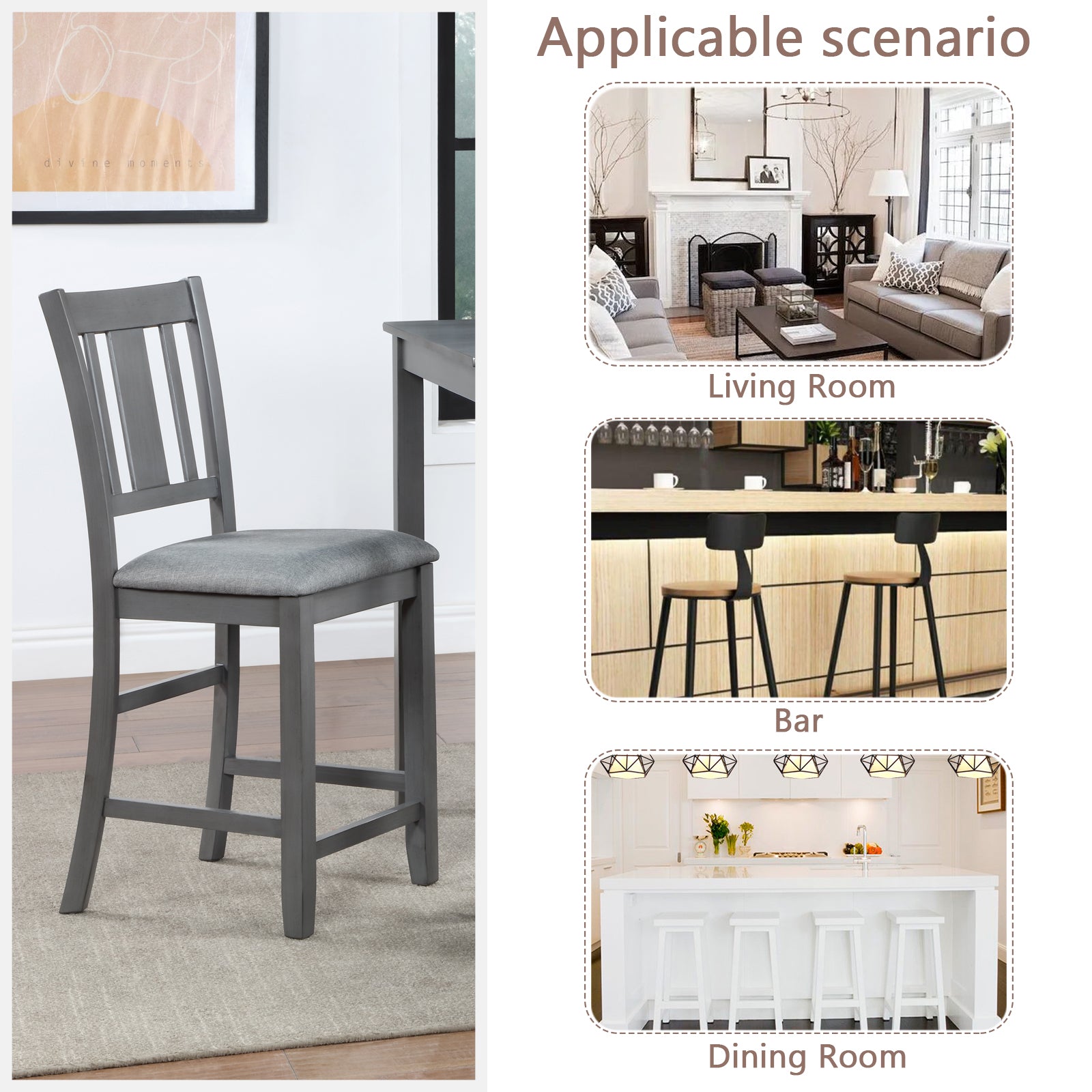 Dining Room Furniture Counter Height Chairs Set Of 4, Kitchen Chair With Padded Seatupholstered Side Chair For Dining Room, Living Room, Gray Wood Gray Solid Back Seats 4 Dining Room Rubberwood Rubber Wood