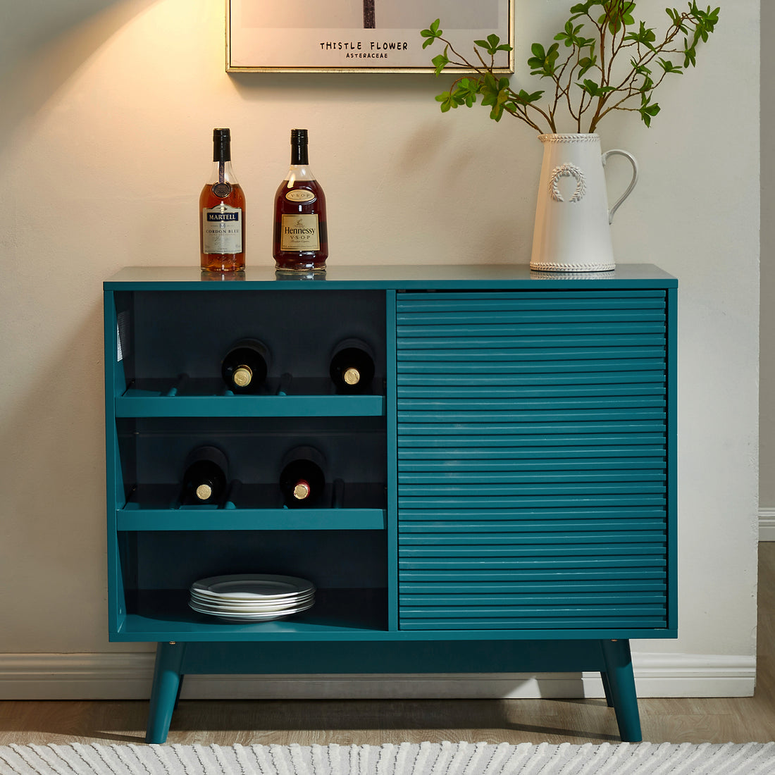36" Sideboard Buffet Cabinet With Wine Storage Shelf, Storage Cabinet With Wine Glass Holder Organizer Teal Mdf