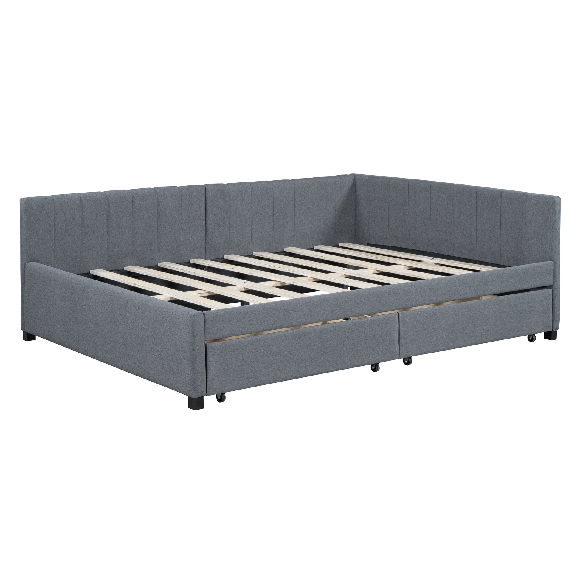 Full Size Upholstered Daybed With 2 Storage Drawers Sofa Bed Frame No Box Spring Needed, Linen Fabric Gray Gray Linen