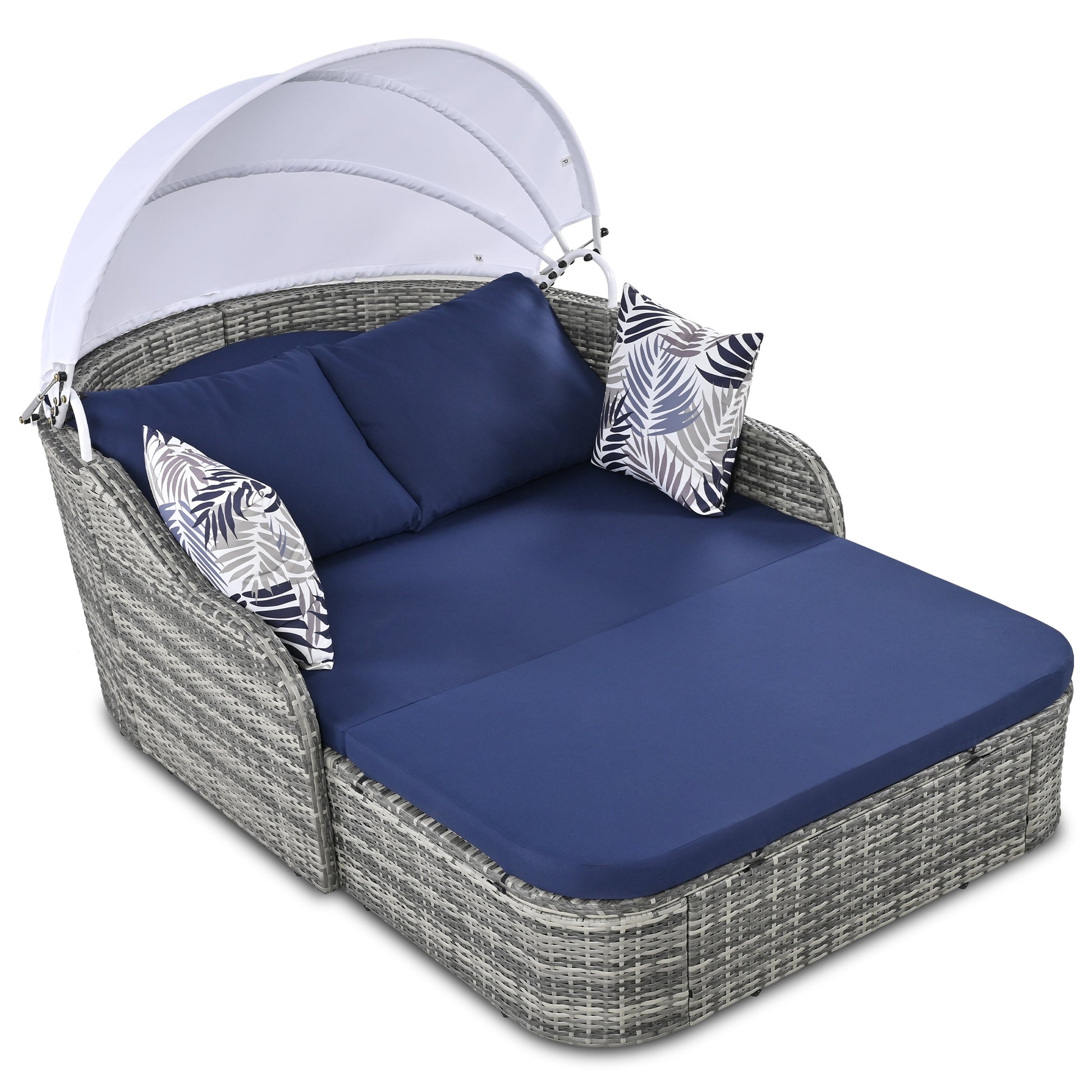 79.9" Outdoor Sunbed With Adjustable Canopy, Daybed With Pillows, Double Lounge, Pe Rattan Daybed, Gray Wicker And Blue Cushion Yes Blue Grey Garden & Outdoor Wicker