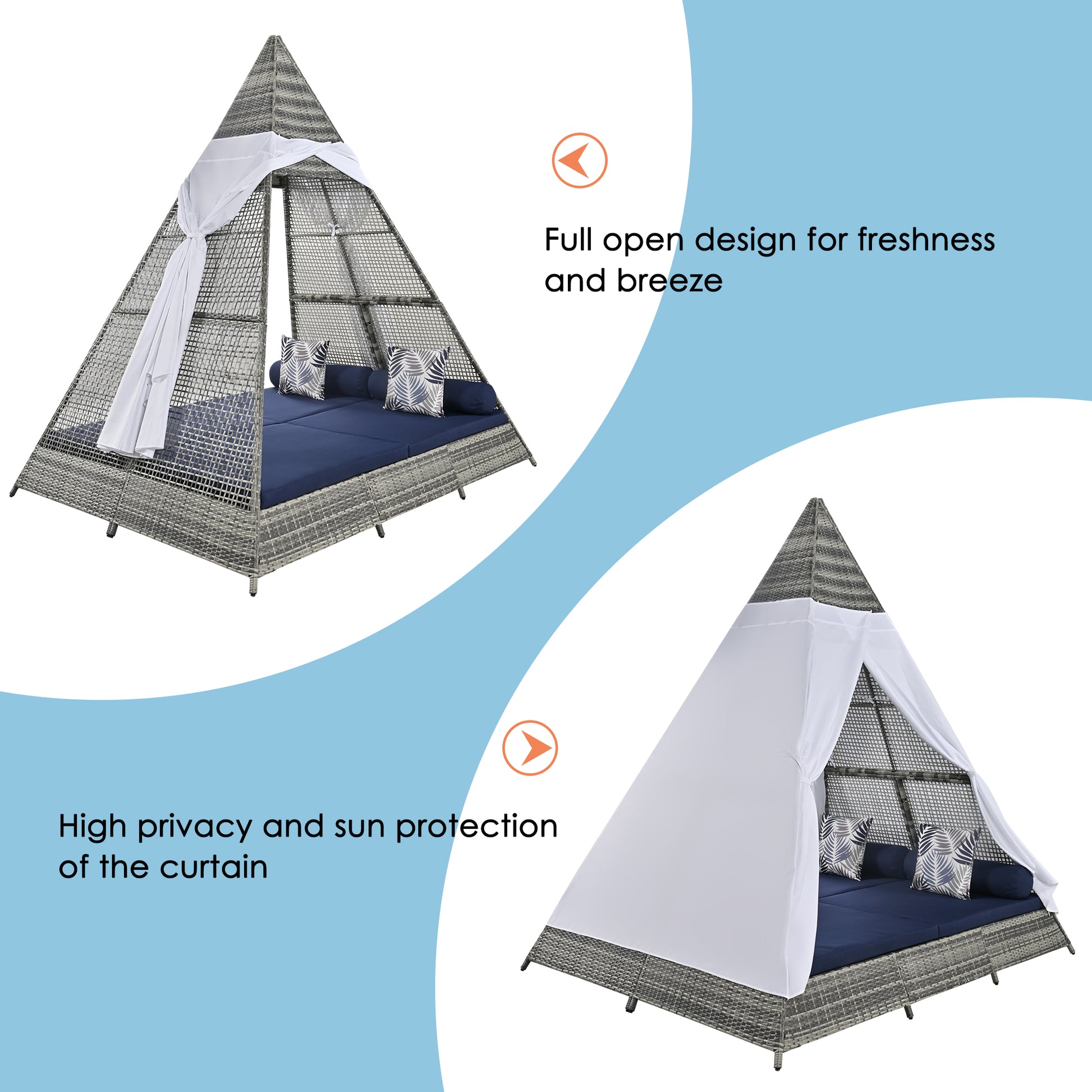 90.5" Length Outdoor Sunbed With Colorful Pillows, Wicker Patio Daybed With Cushions, Tent Shape, Gray And Blue Yes Blue Grey Wicker