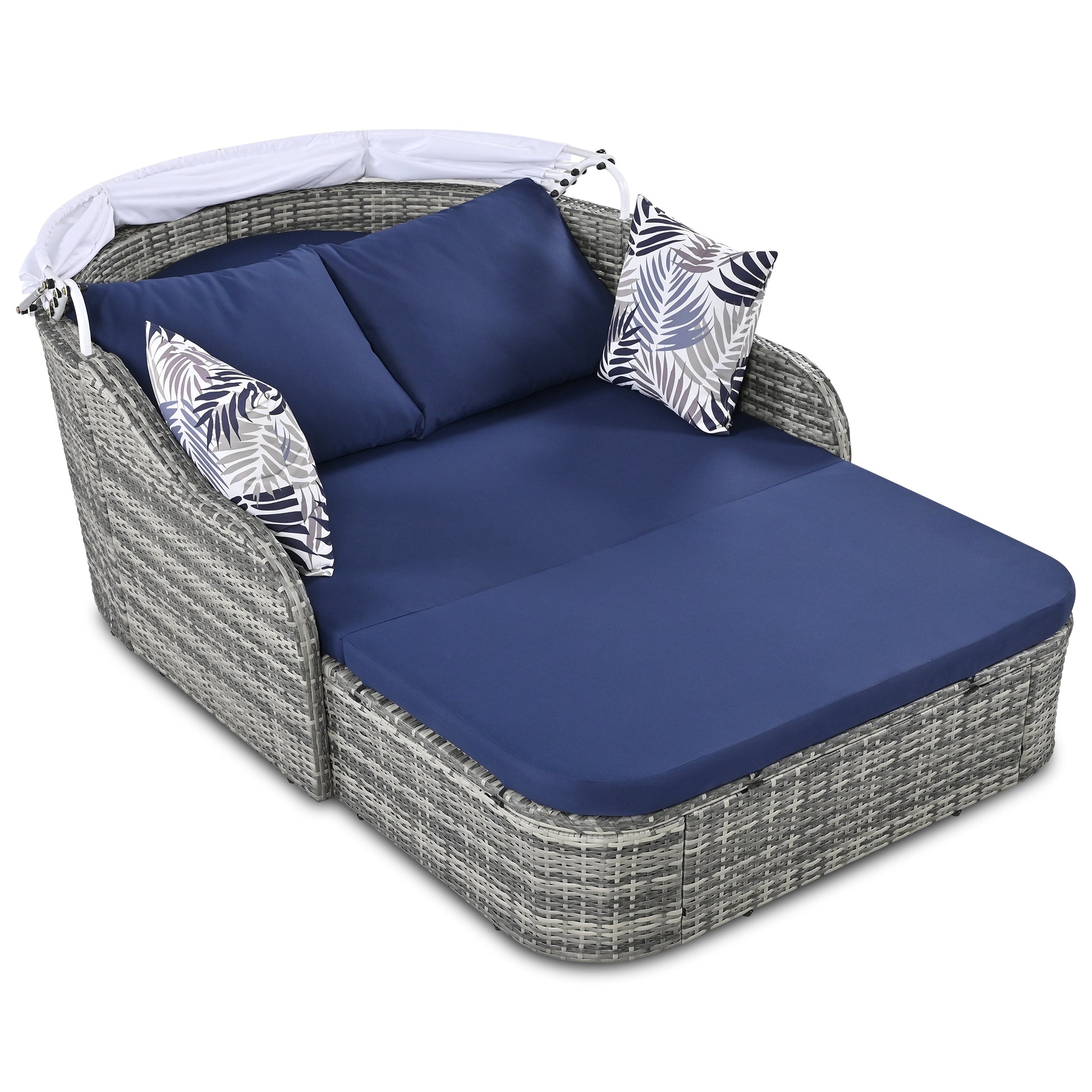 79.9" Outdoor Sunbed With Adjustable Canopy, Daybed With Pillows, Double Lounge, Pe Rattan Daybed, Gray Wicker And Blue Cushion Yes Blue Grey Garden & Outdoor Wicker
