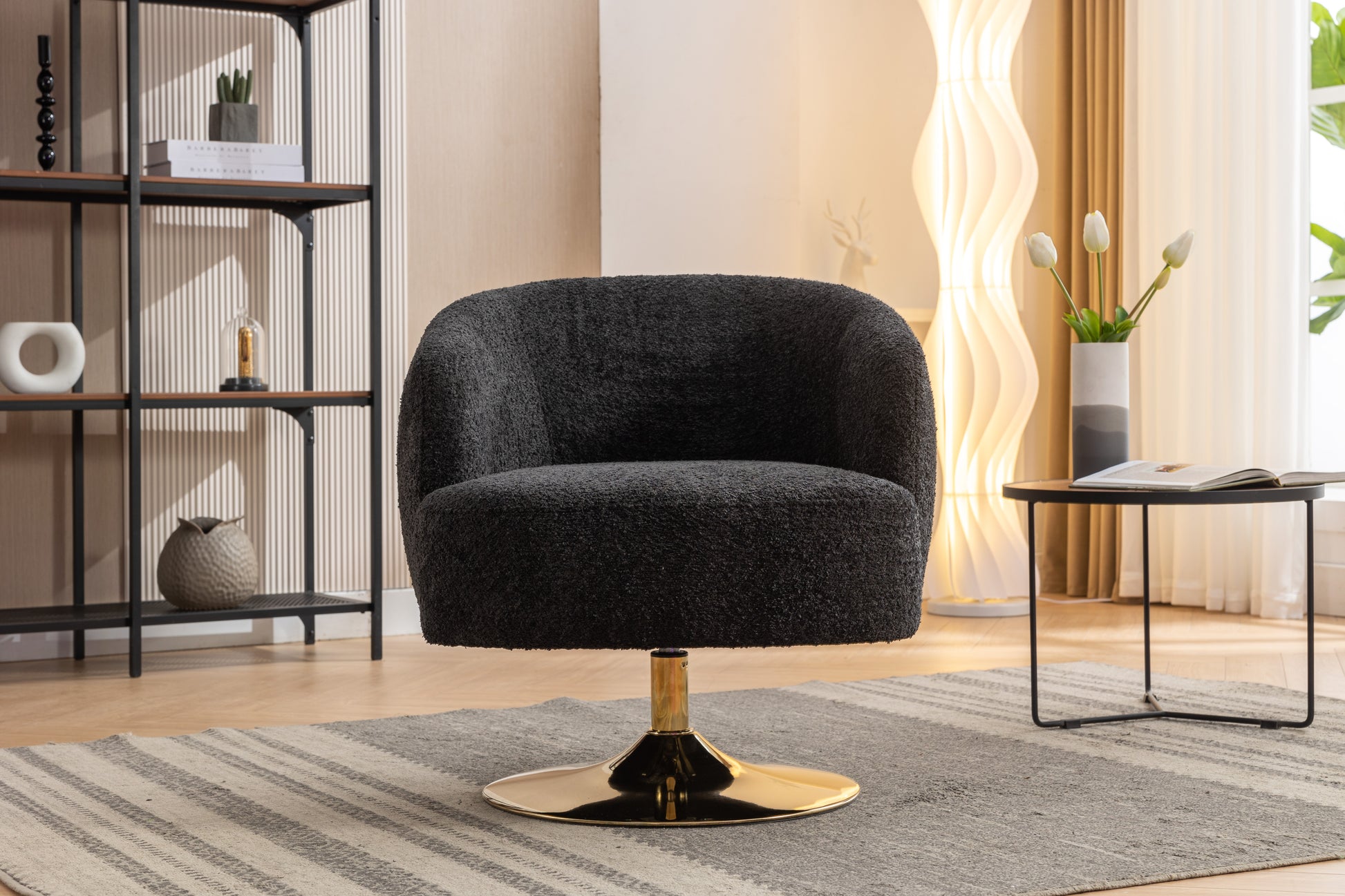 048 Chenille Fabric Accent Swivel Chair With Gold Metal Round Base,Black Black White Primary Living Space Modern Eucalyptus Foam Chenille