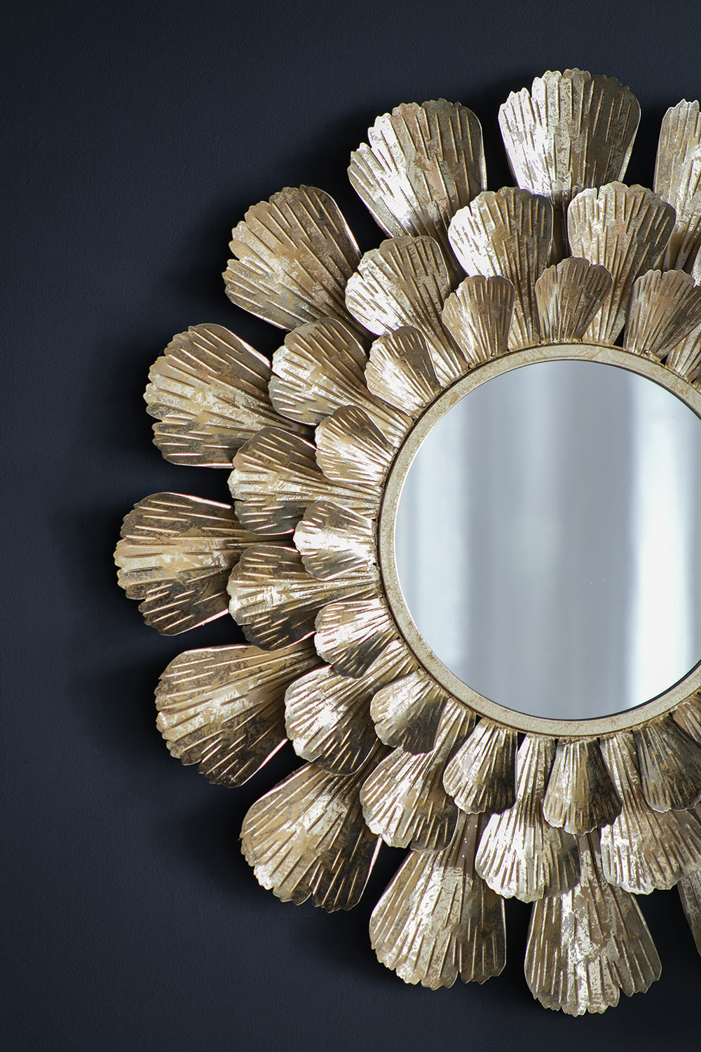 Round Gold Metal Mirror With Trumpet Vine Motif, 37X3" Gold Iron