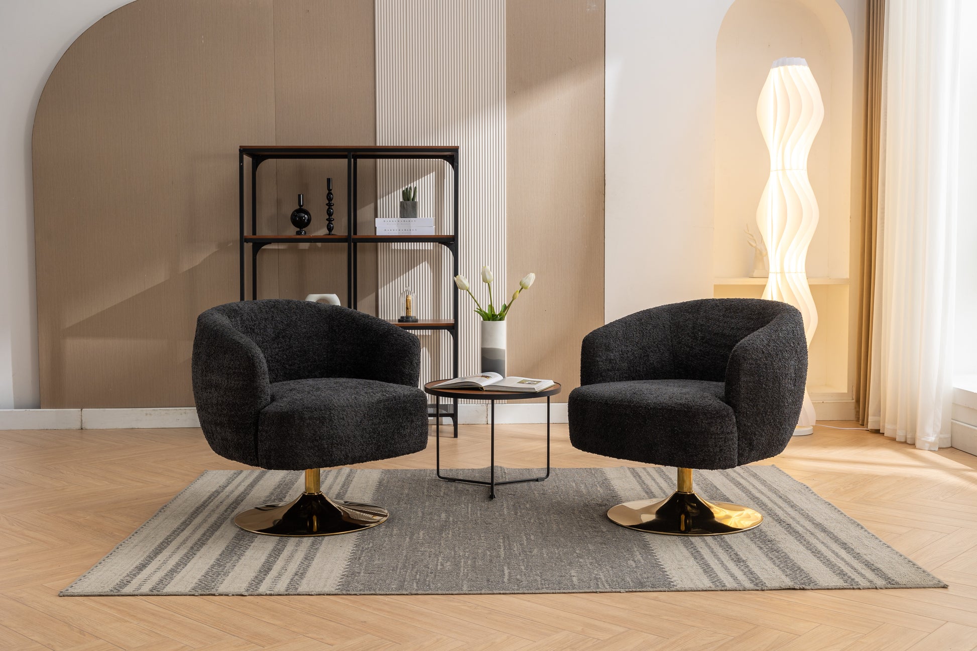 048 Chenille Fabric Accent Swivel Chair With Gold Metal Round Base,Black Black White Primary Living Space Modern Eucalyptus Foam Chenille