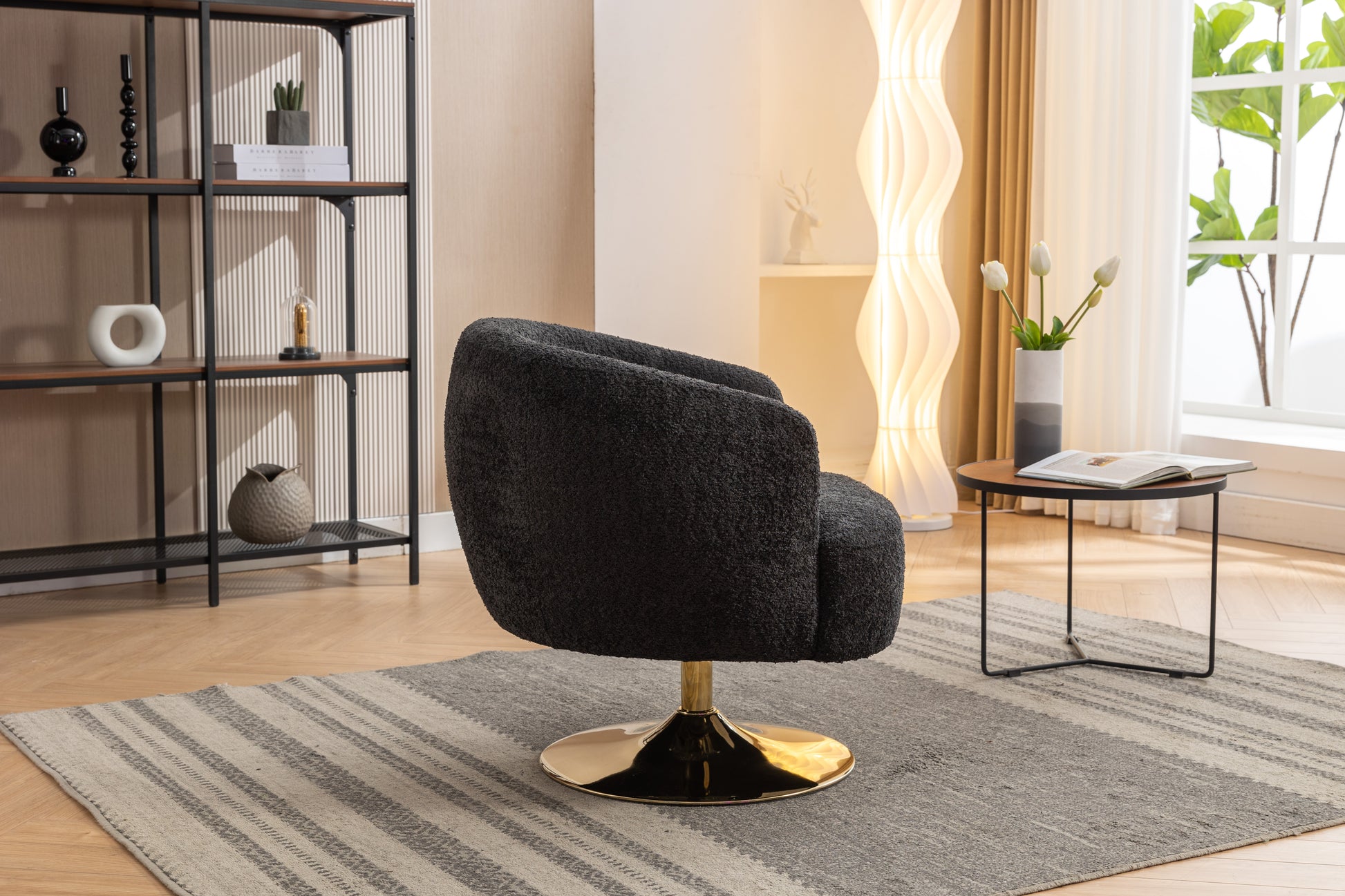 048 Chenille Fabric Accent Swivel Chair With Gold Metal Round Base,Black Black White Primary Living Space Modern Eucalyptus Foam Chenille