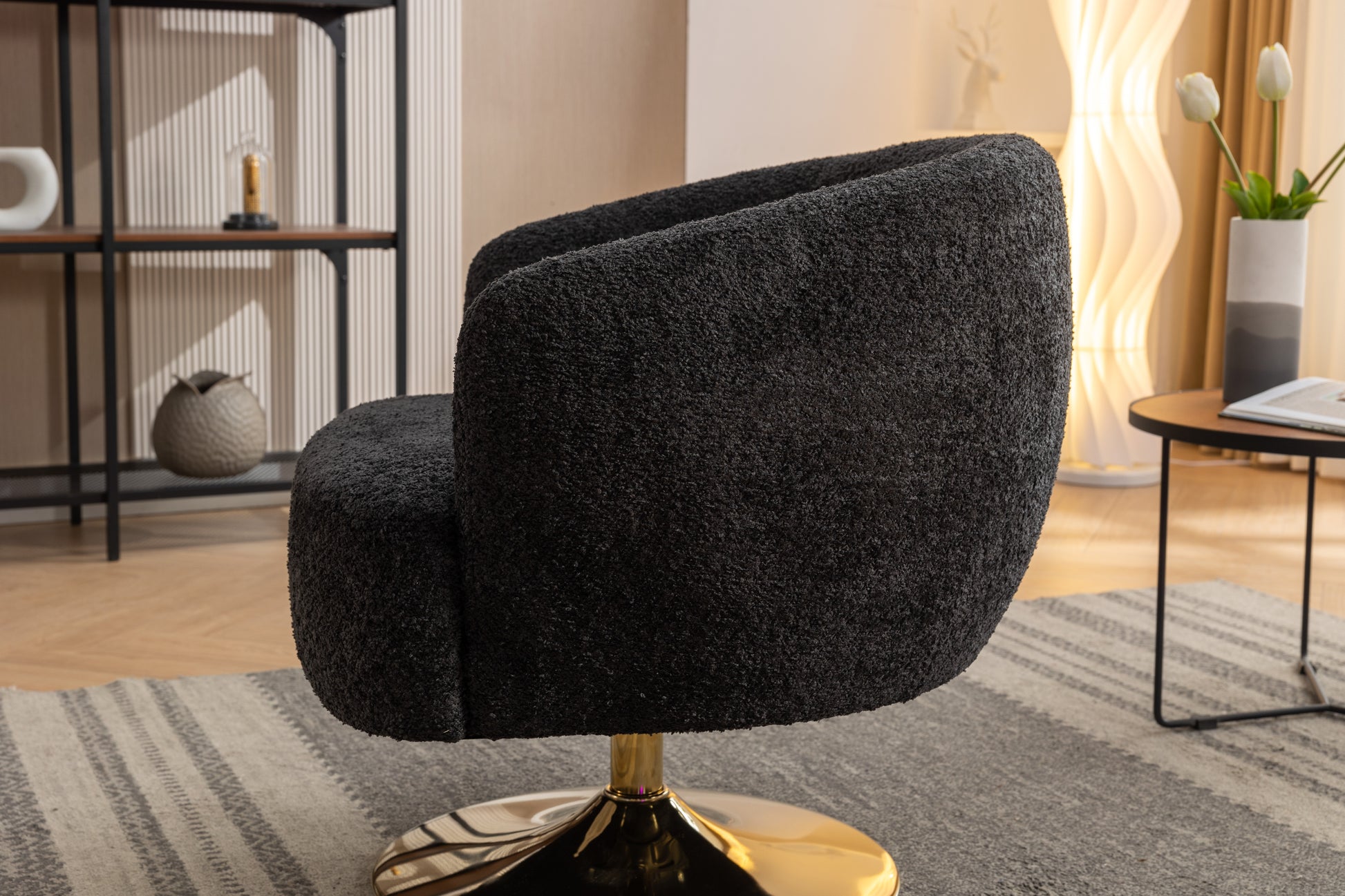 048 Chenille Fabric Accent Swivel Chair With Gold Metal Round Base,Black Black White Primary Living Space Modern Eucalyptus Foam Chenille