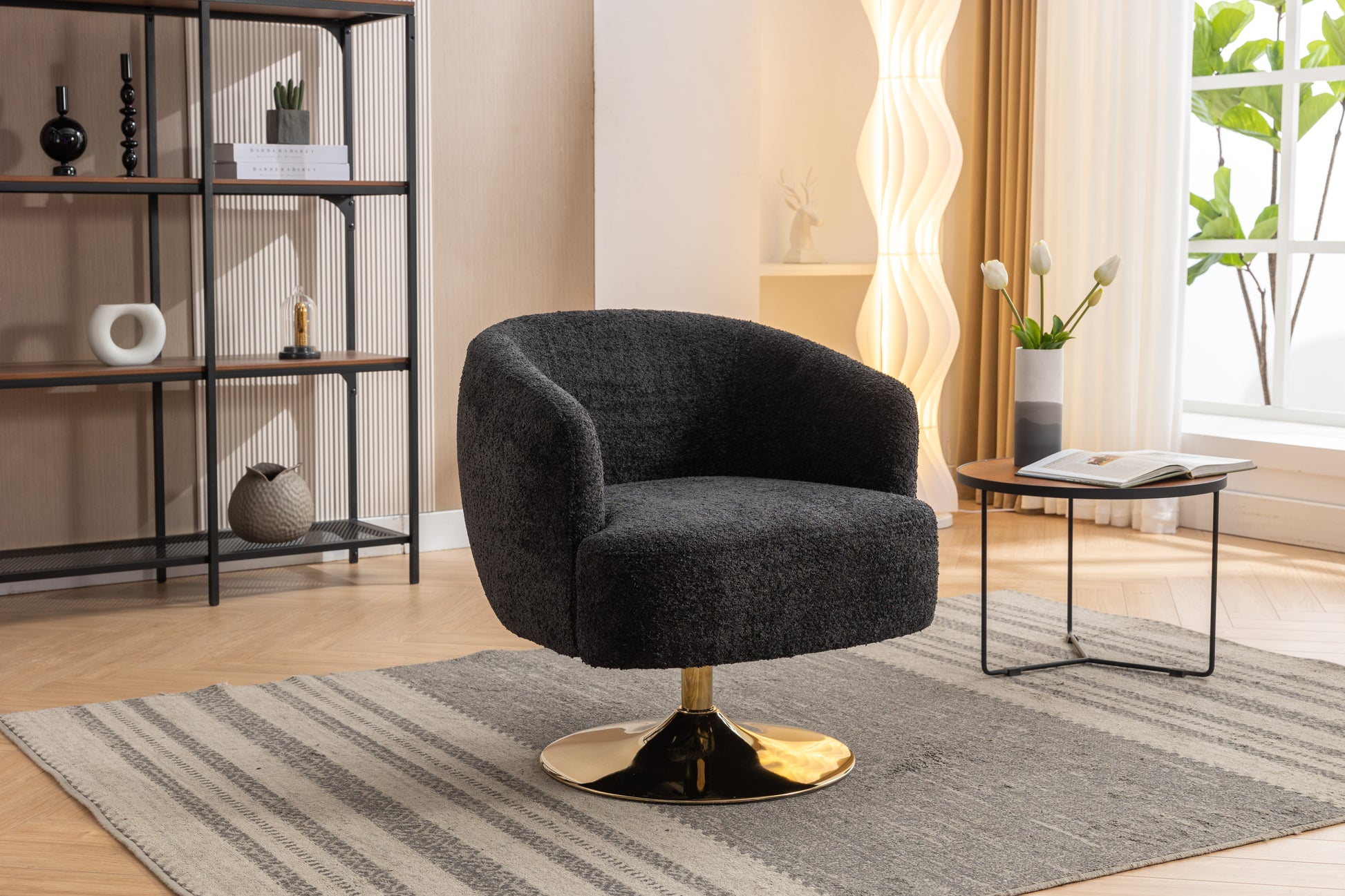 048 Chenille Fabric Accent Swivel Chair With Gold Metal Round Base,Black Black White Primary Living Space Modern Eucalyptus Foam Chenille